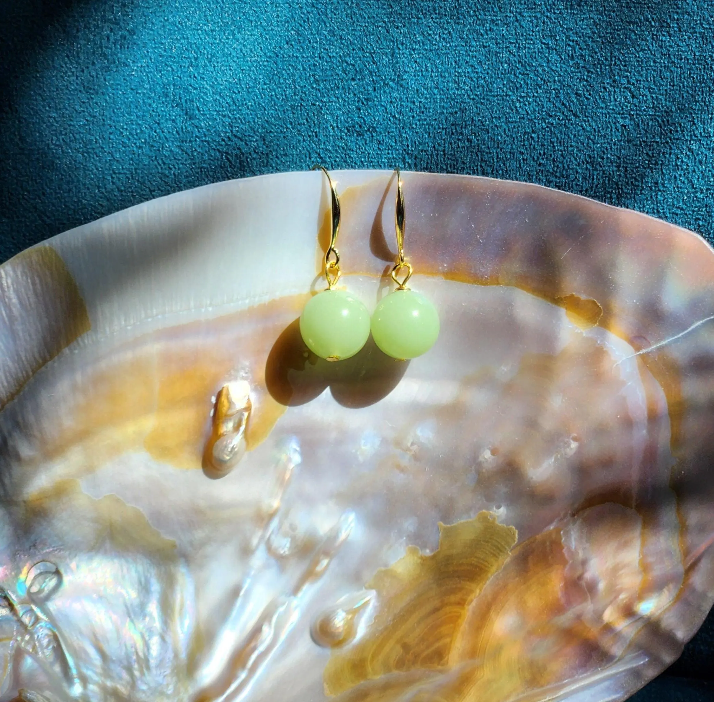 Jadeite earring • Apple olive green round bead drop earring with gold plated S hook • 