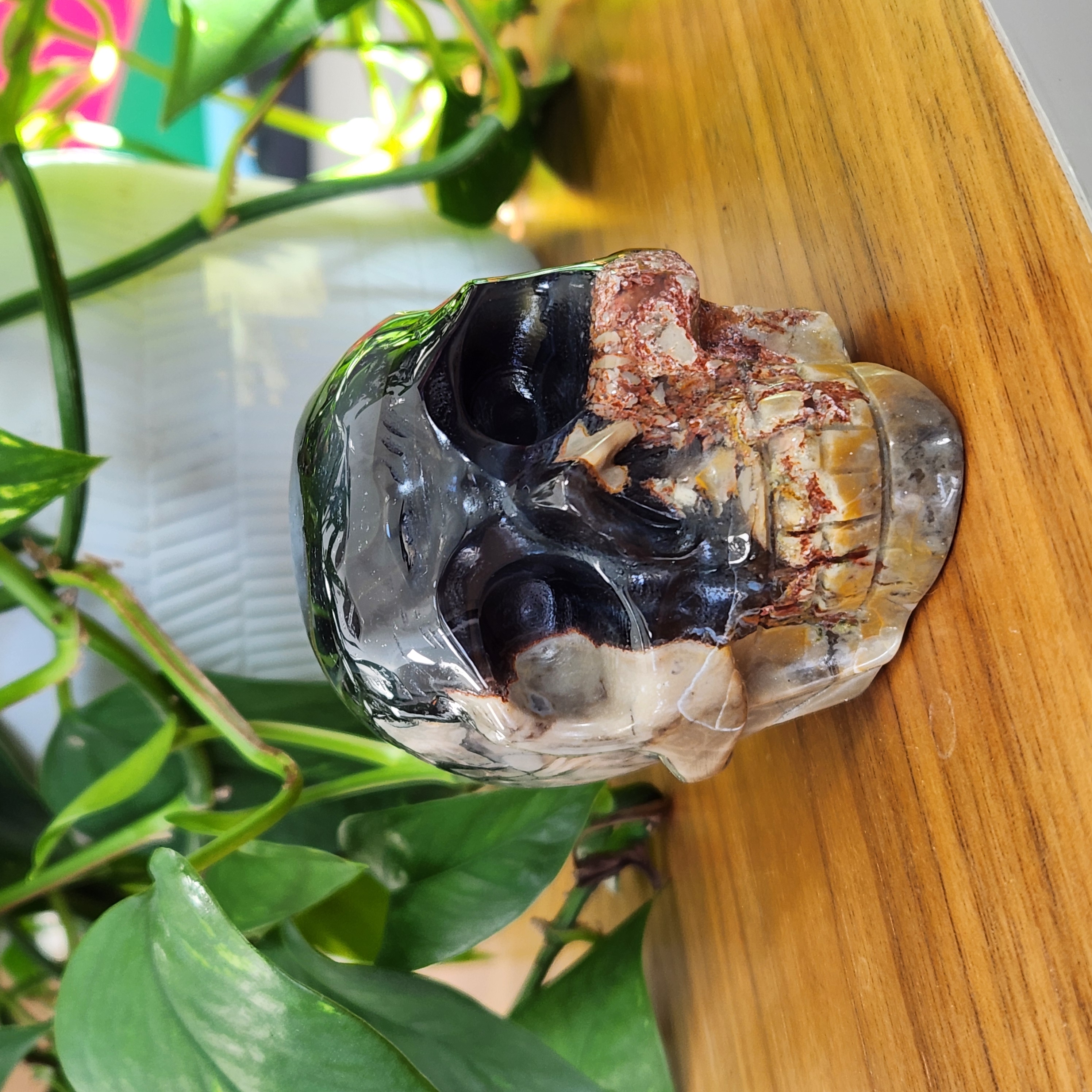 Volcano Agate Skull • 3.6" UV reactive crystal skull head • Florescent Luminous Glow Green Crystal Skull • 