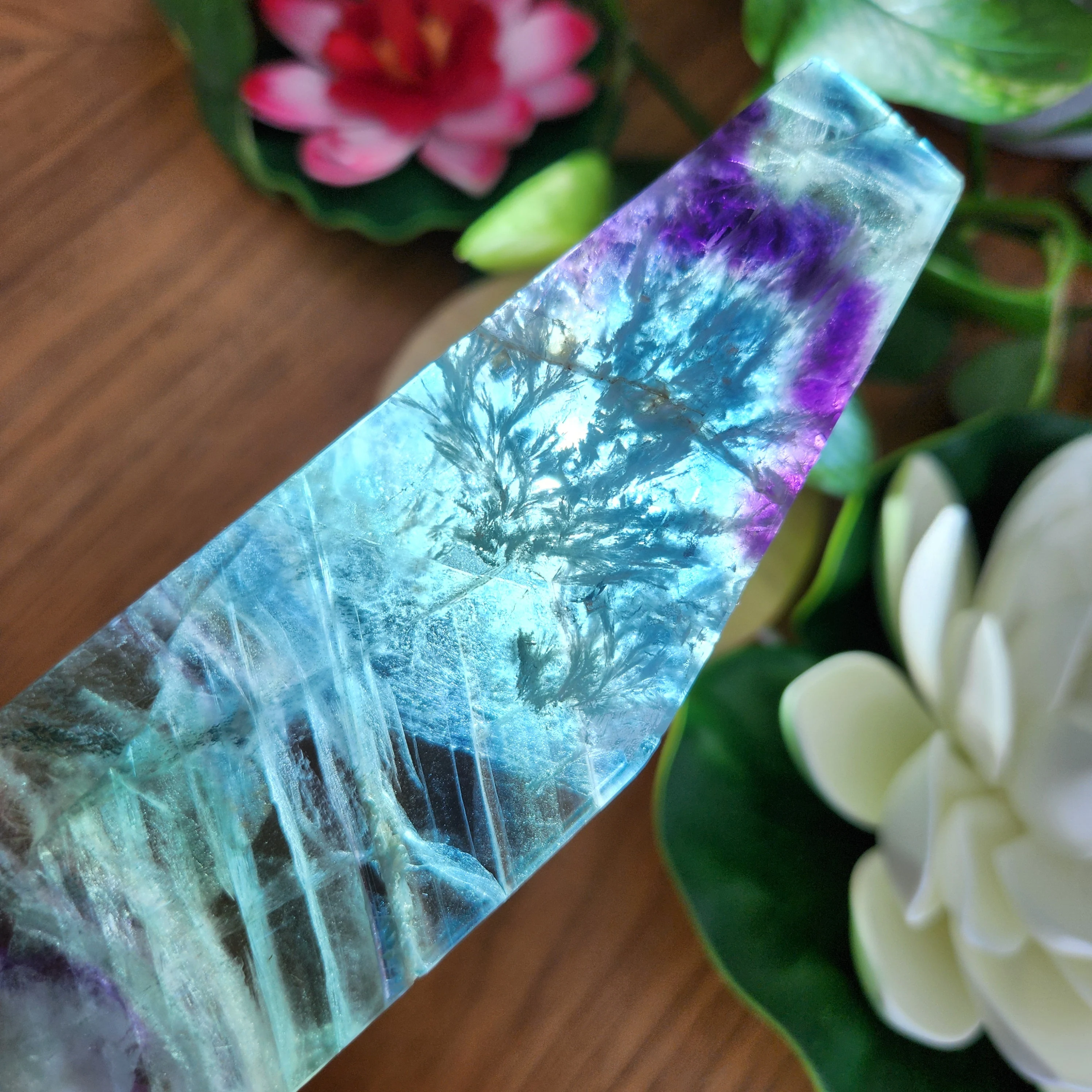 Fluorite Slab • 5.6" Snowflake Rainbow Fluorite Slice w Druzy Portal • RARE Blue Purple  Snowflake Fluorite Slab