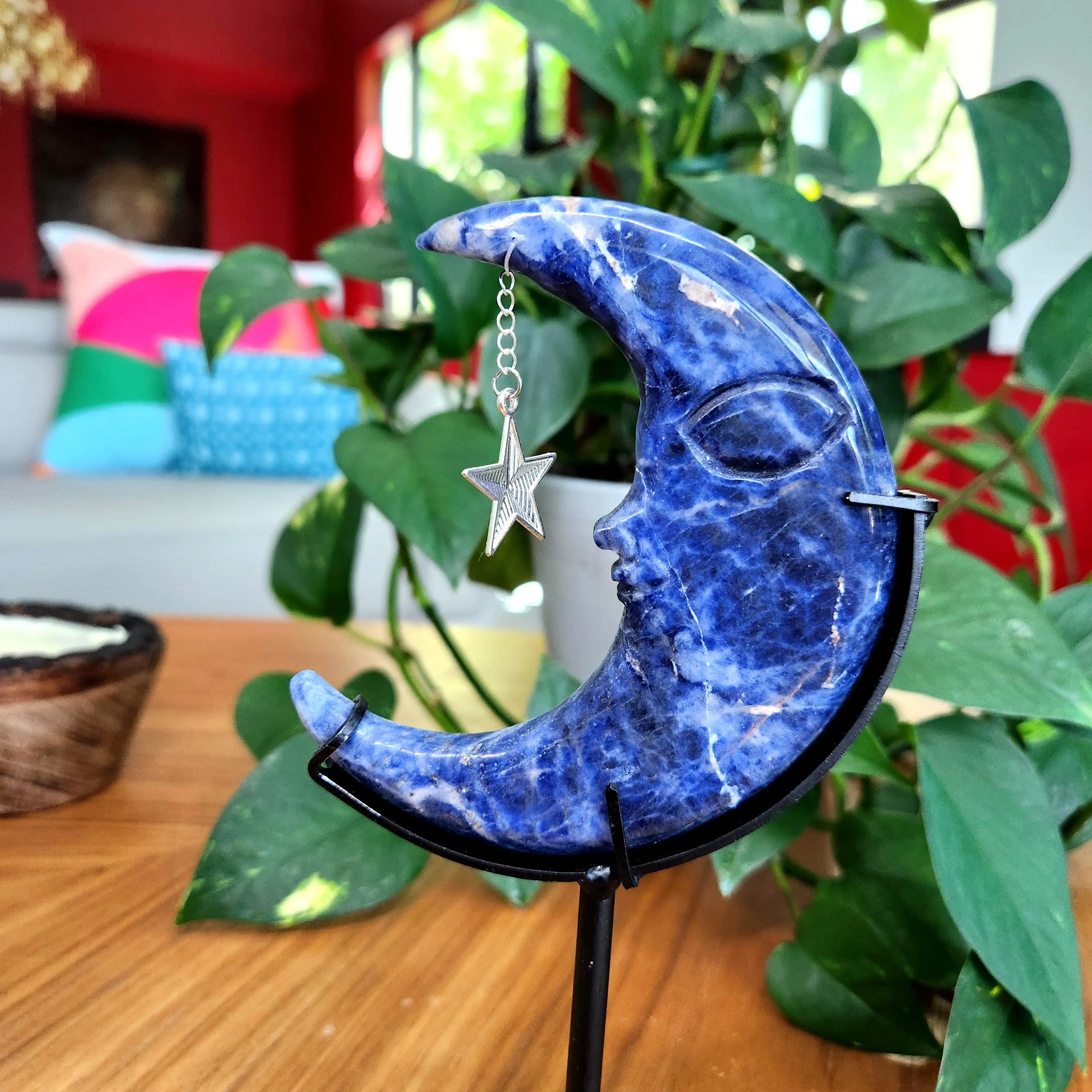 Sodalite Moon • Sodalite Moon Face • Sodalite Crescent Moon w charm • 7.2" on stand 