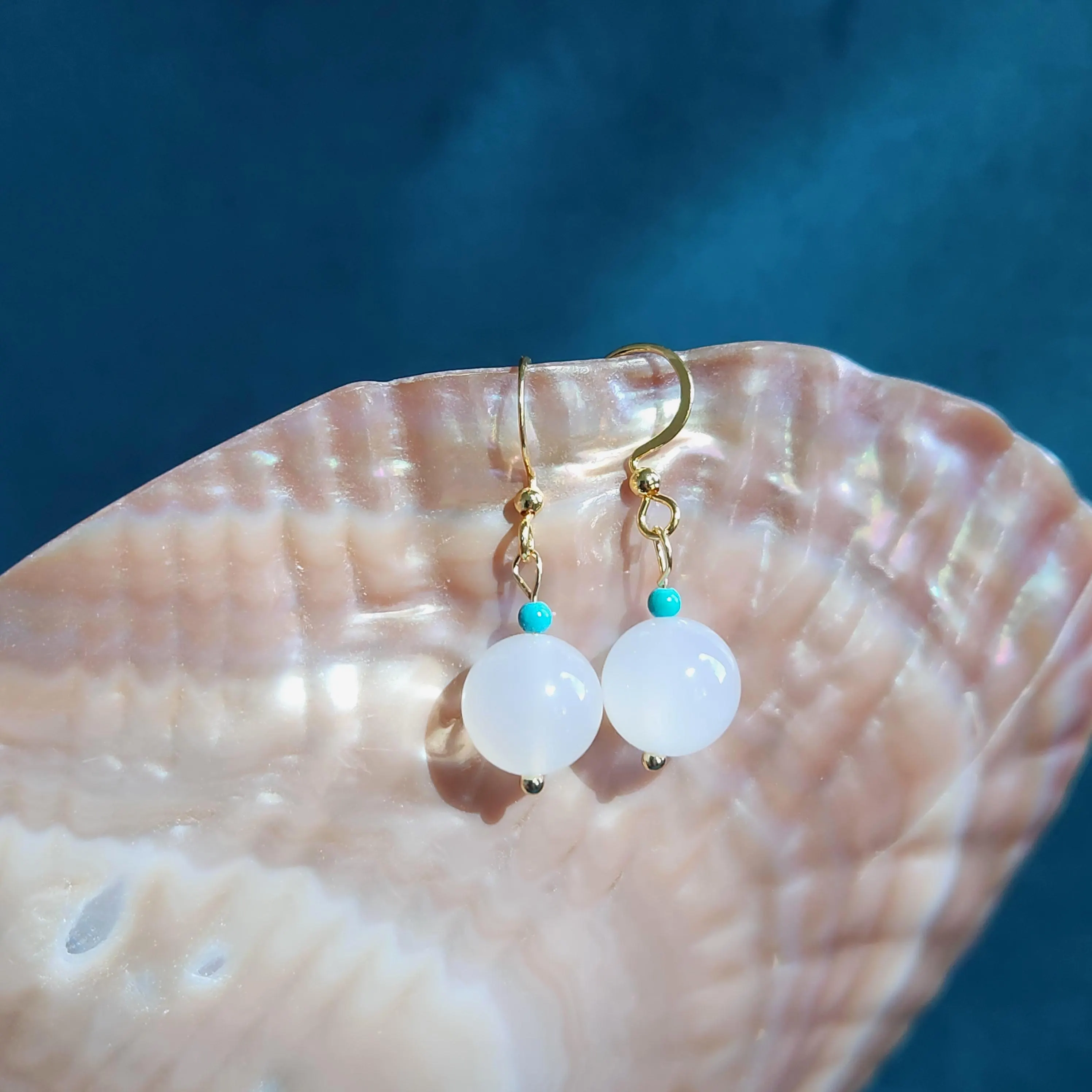 Jade earring • White Afghan Jade gemstone round bead drop earring on gold plated S hook •
