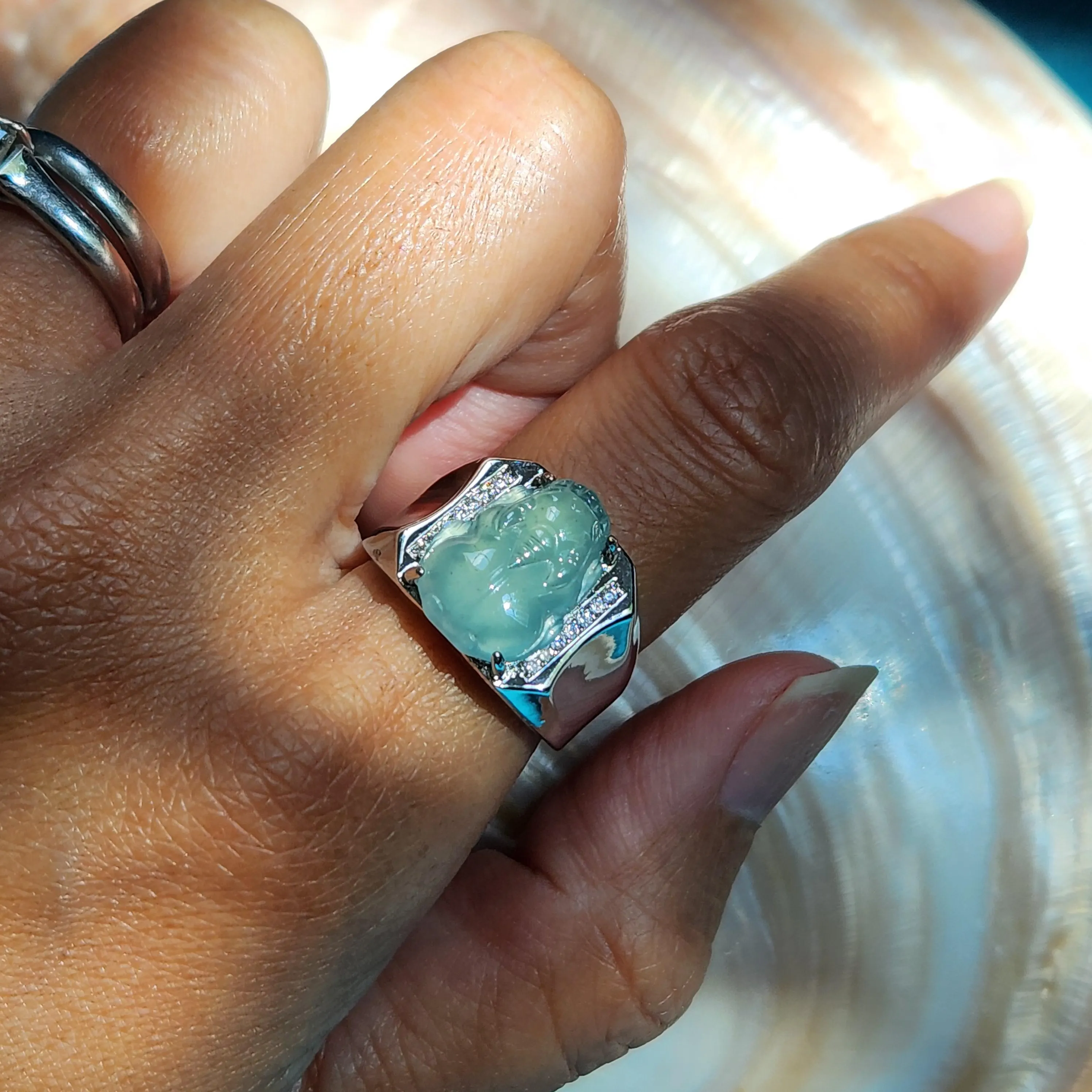 Icy Translucent Blue Jade Pixiu ring • Natural Burmese jade Chinese 貔貅 symbol silver ring 