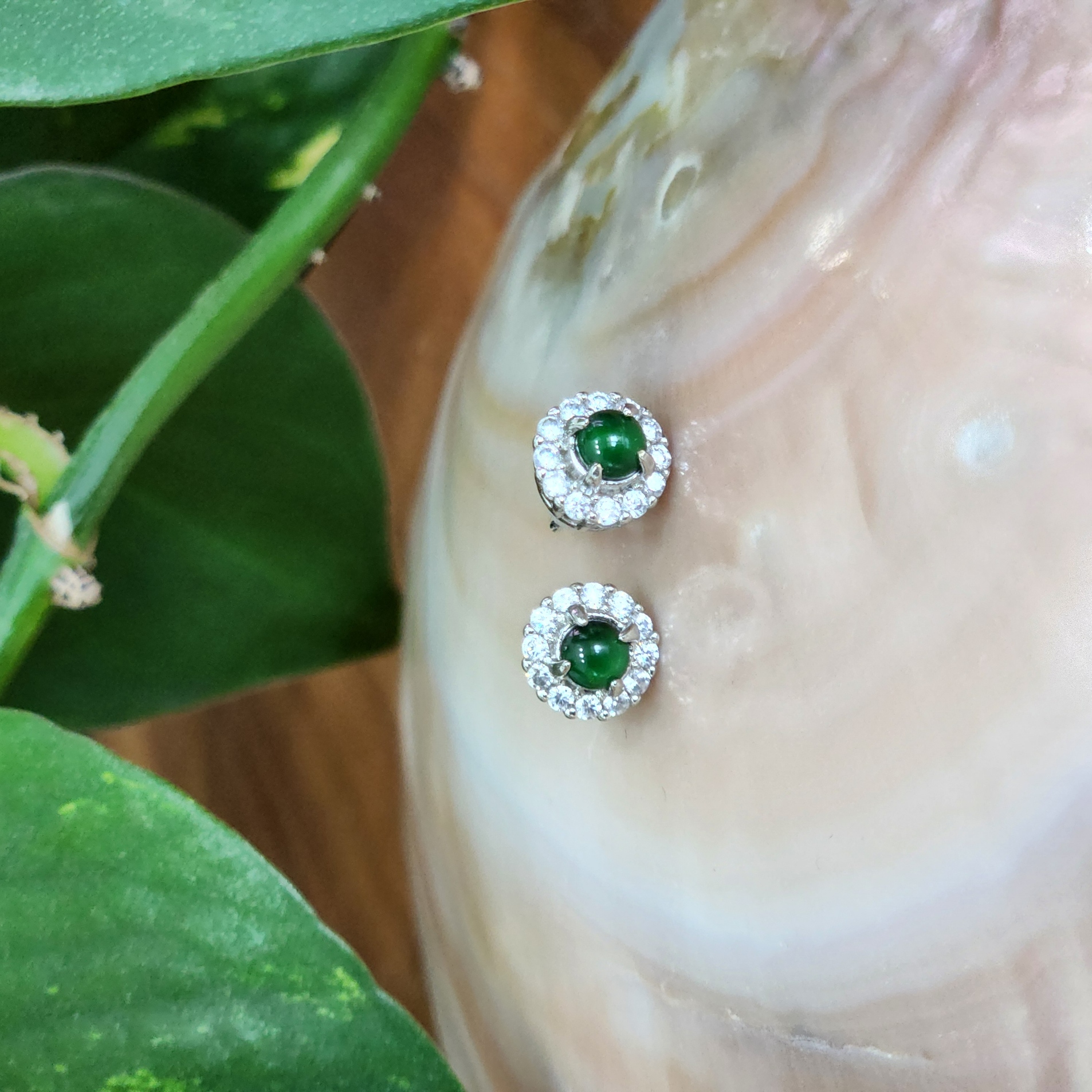 Green Jade earrings • Burmese jade simple stud earrings with cubic zirconia • Dainty earrings jewelry gift for her