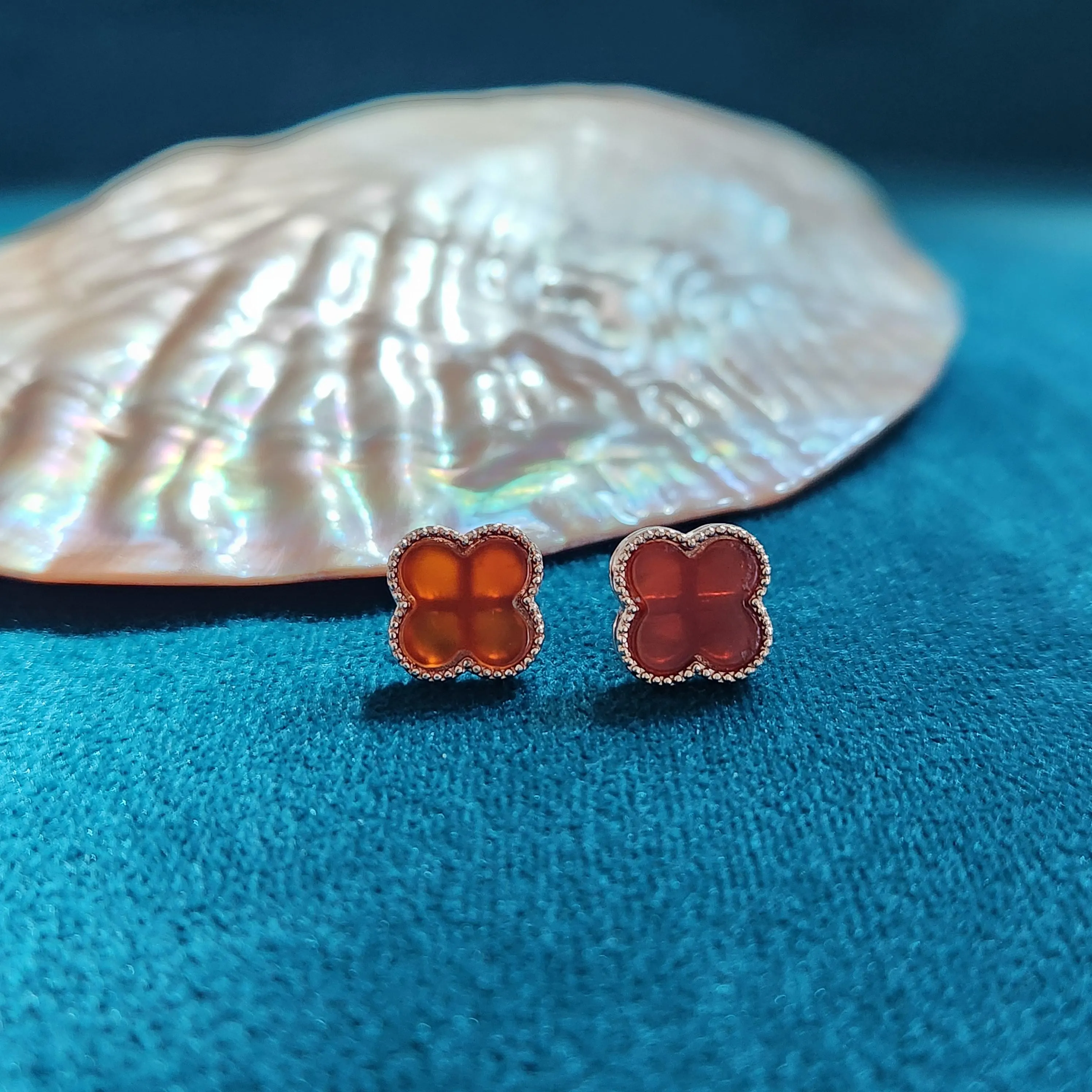 Agate Four Leaf Clover earrings • Rose Gold plated crystal gemstone Red Agate earring accessory • 