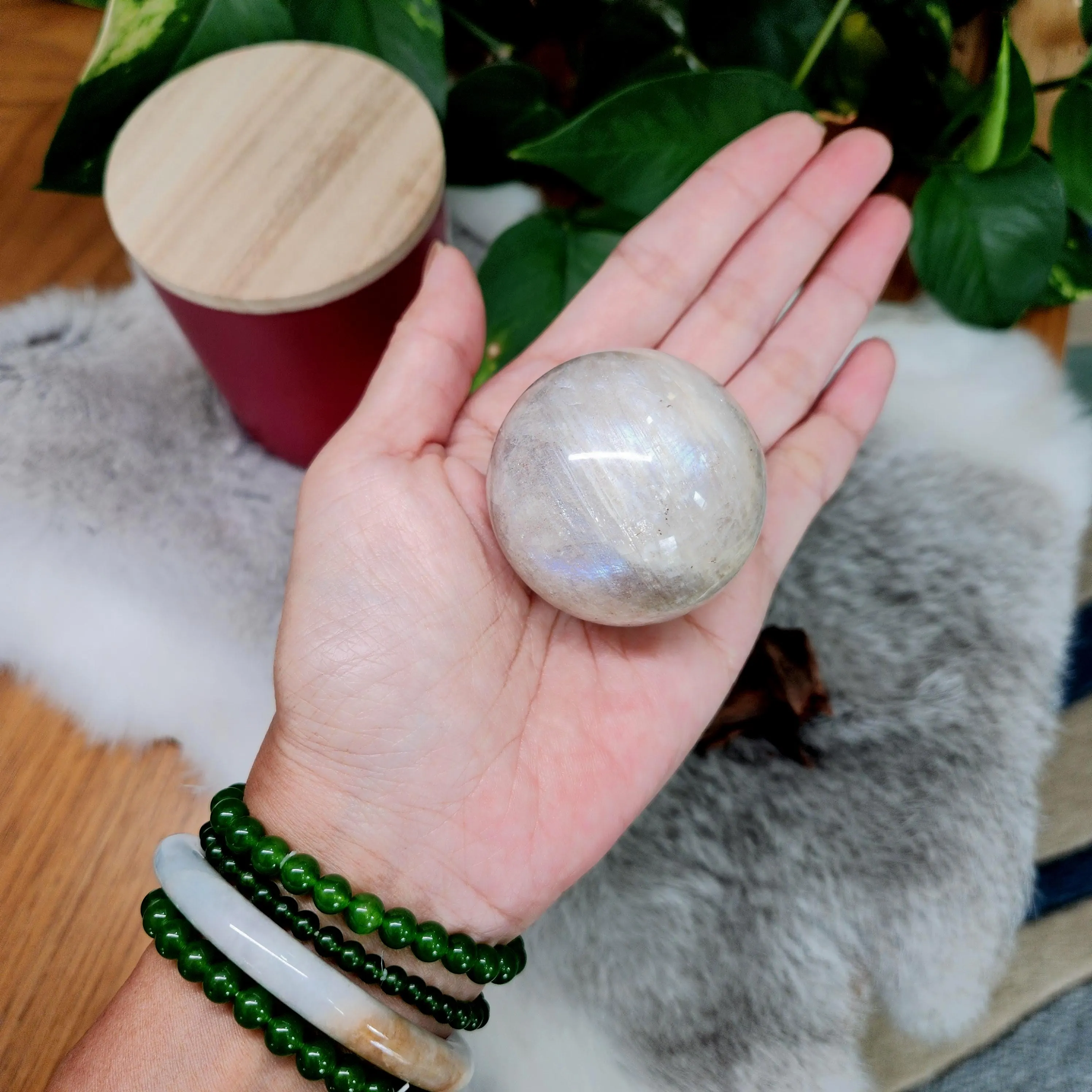 Moonstone Sphere • 50mm Flashy Moonstone, Blue and White flashes •   