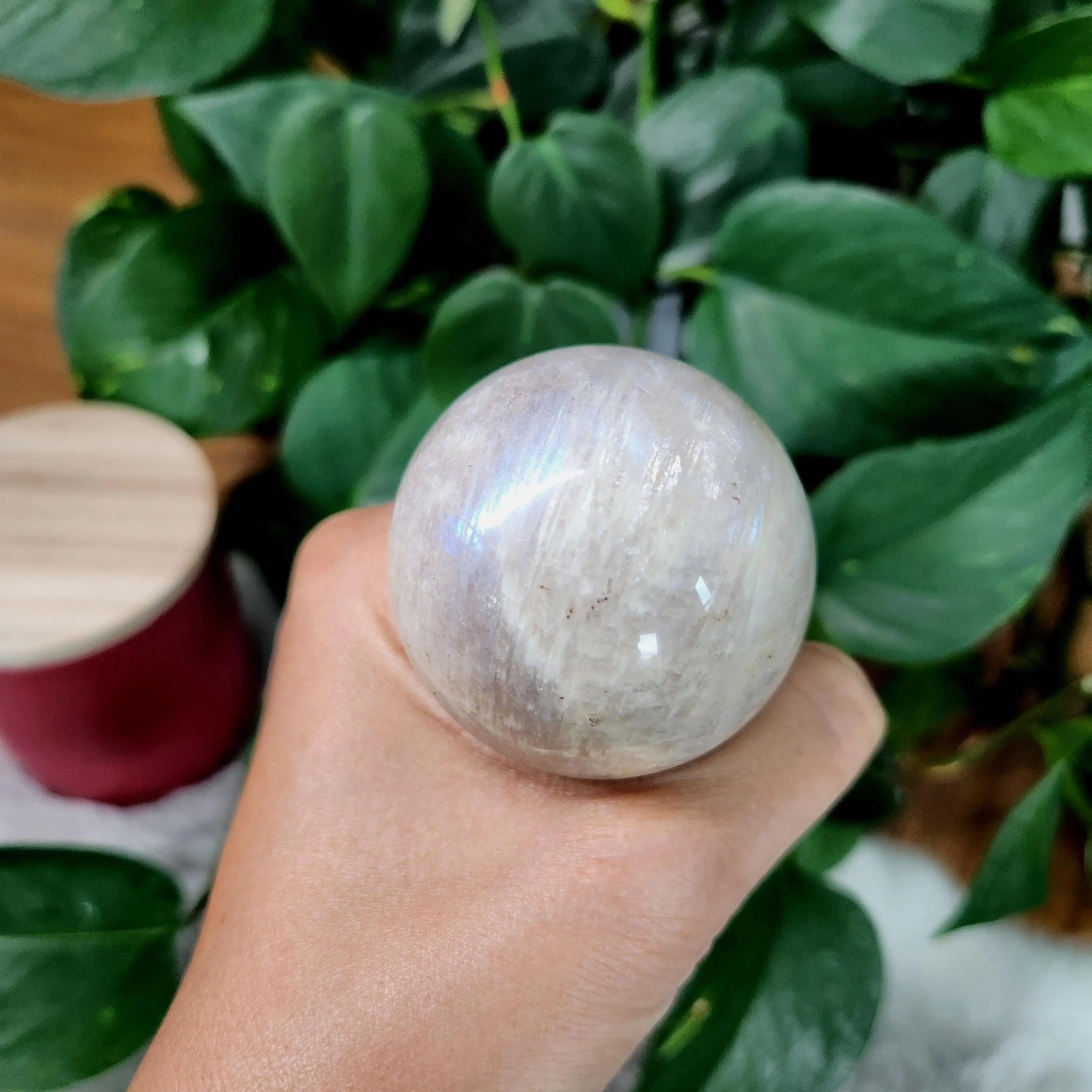 Moonstone Sphere • 50mm Flashy Moonstone, Blue and White flashes •