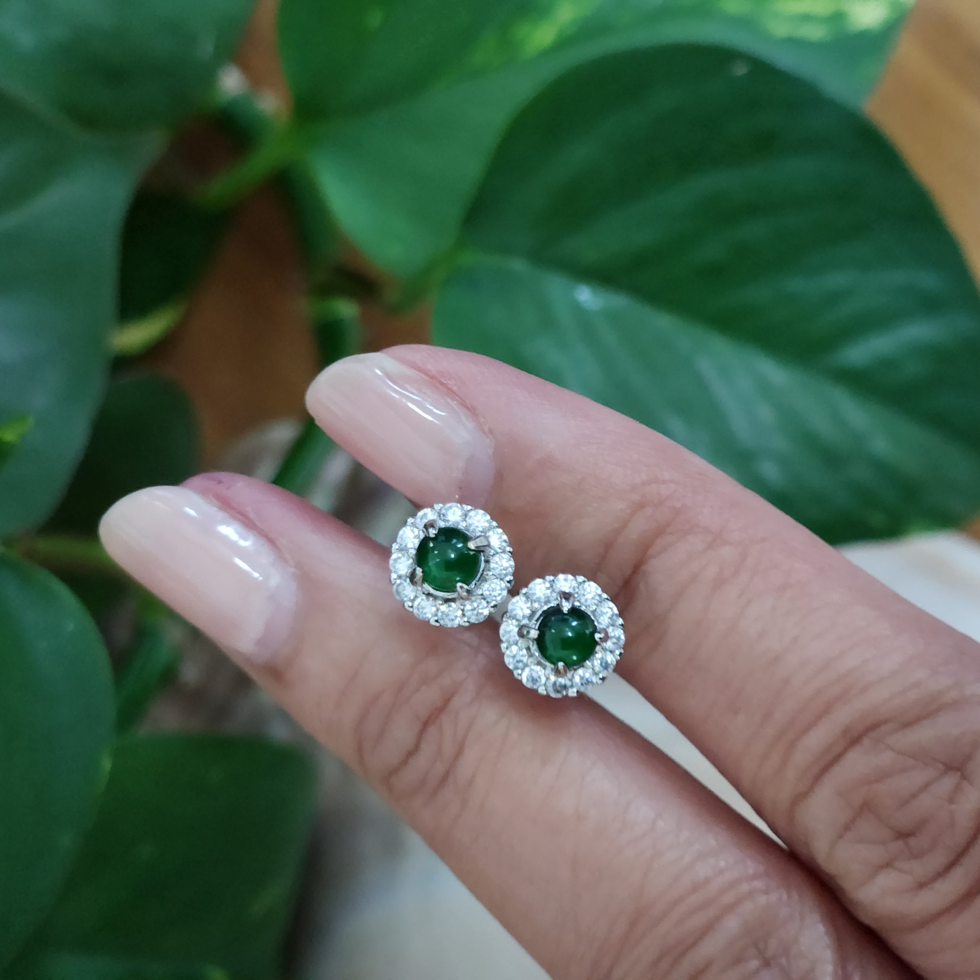 Green Jade earrings • Burmese jade simple stud earrings with cubic zirconia • Dainty earrings jewelry gift for her