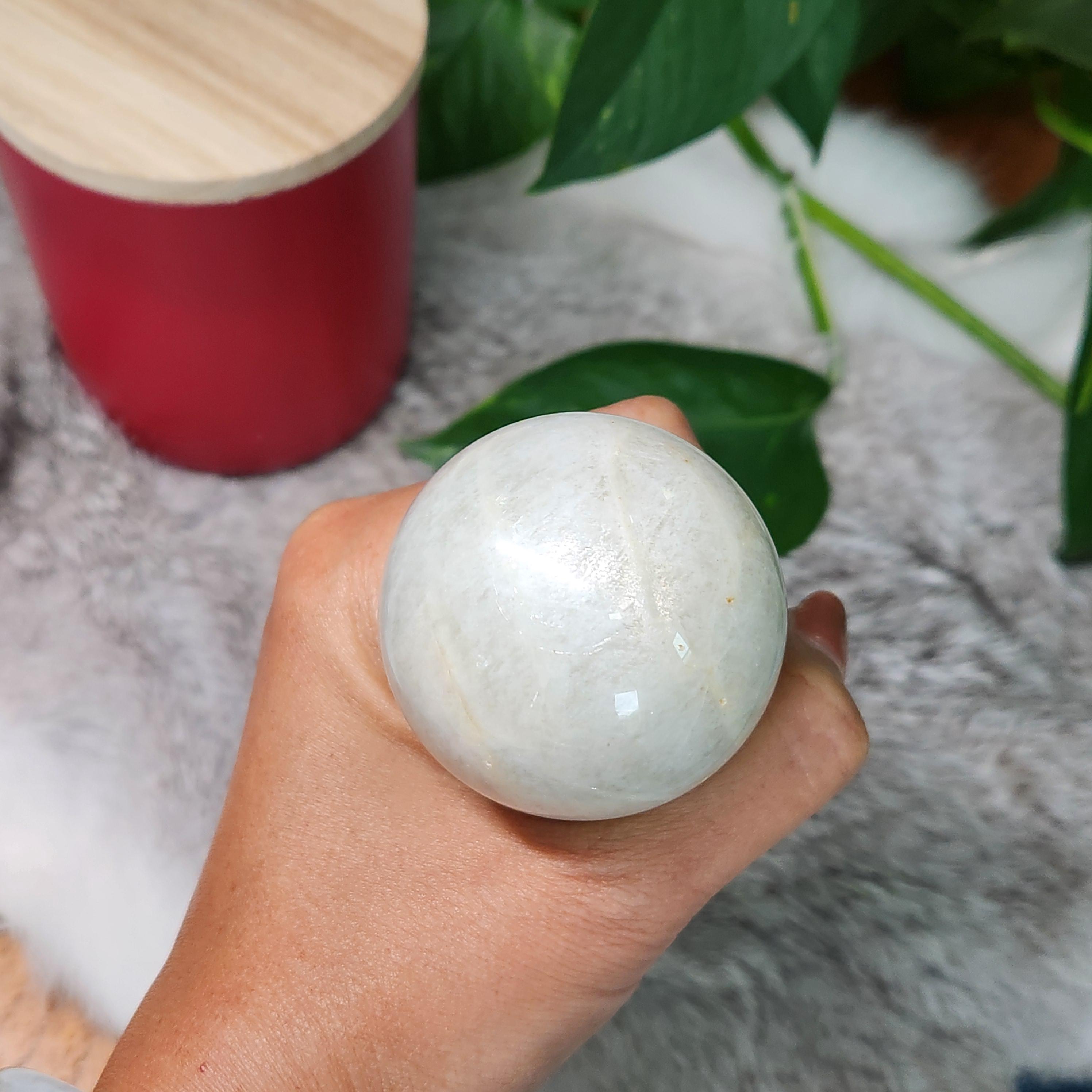 Moonstone Sphere • 50mm Flashy White Moonstone, Blue and White flashes •   