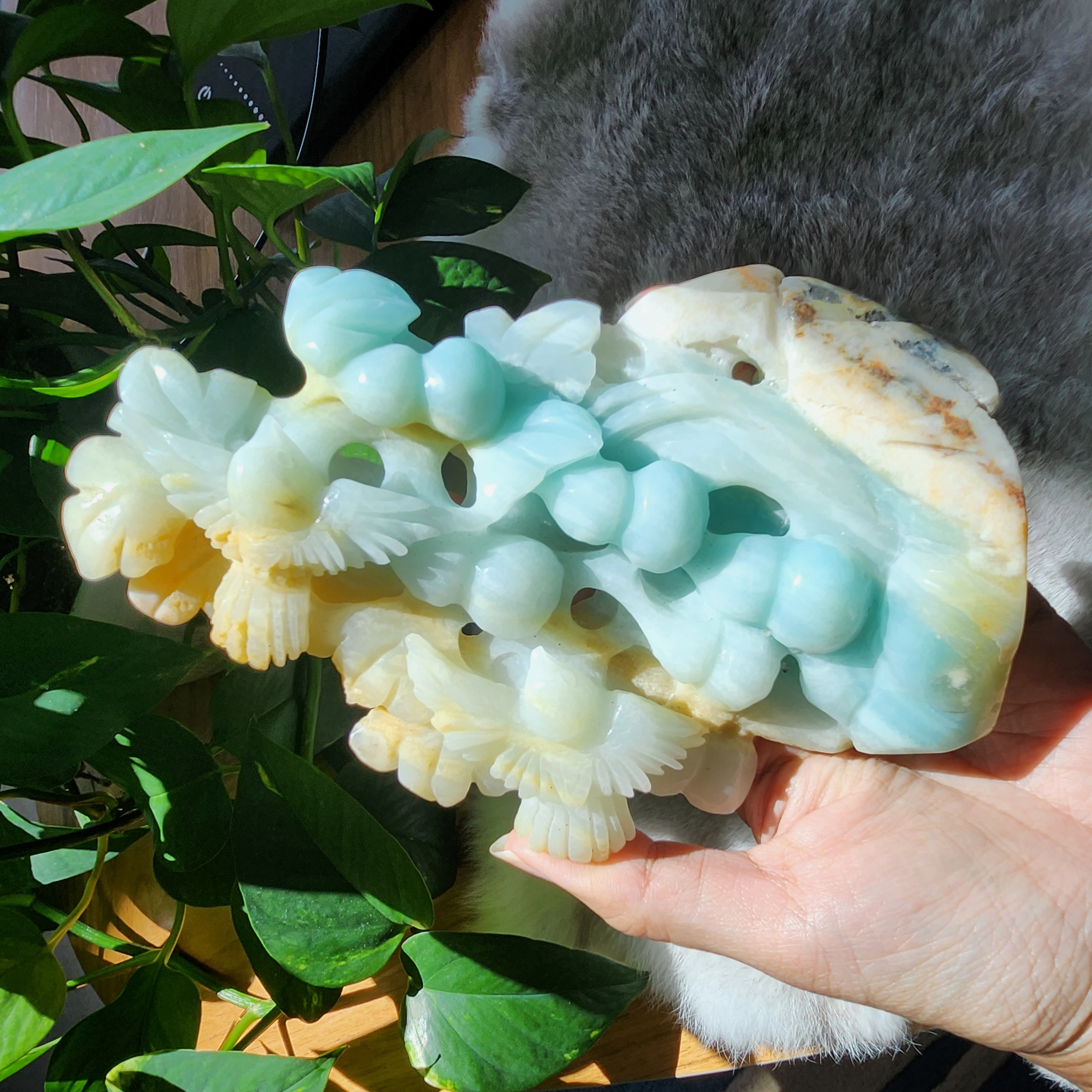 Amazonite Tree carving • 6.6" Crystal Flower, Bird Blossom Flower Tree •