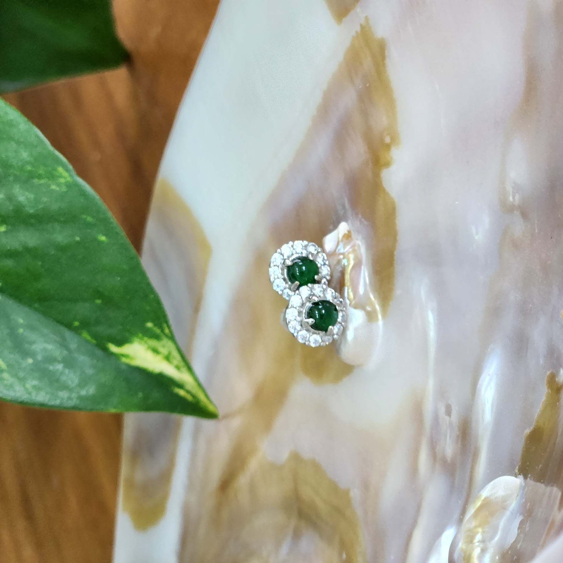 Green Jade earrings • Burmese jade simple stud earrings with cubic zirconia • Dainty earrings jewelry gift for her