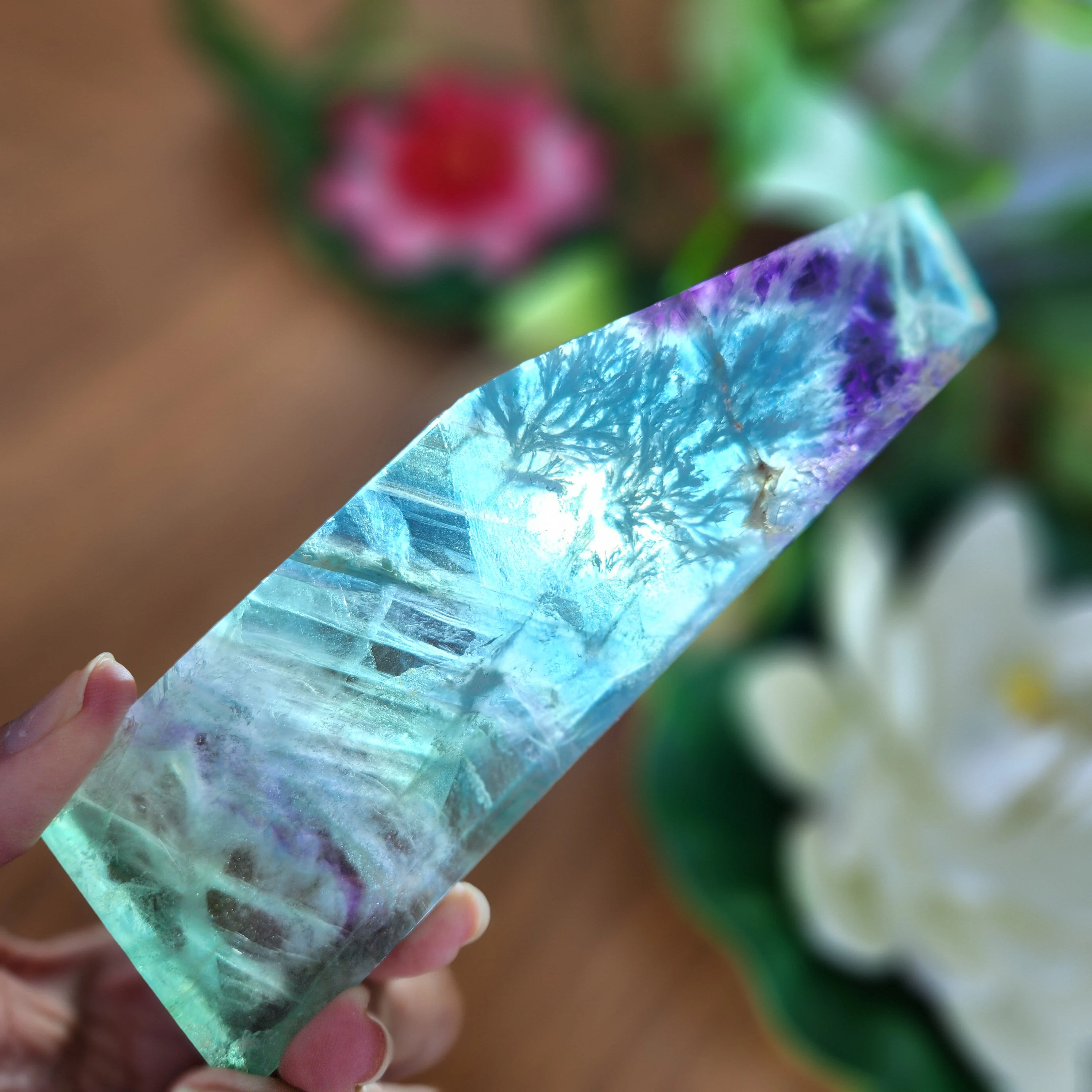 Fluorite Slab • 5.6" Snowflake Rainbow Fluorite Slice w Druzy Portal • RARE Blue Purple  Snowflake Fluorite Slab