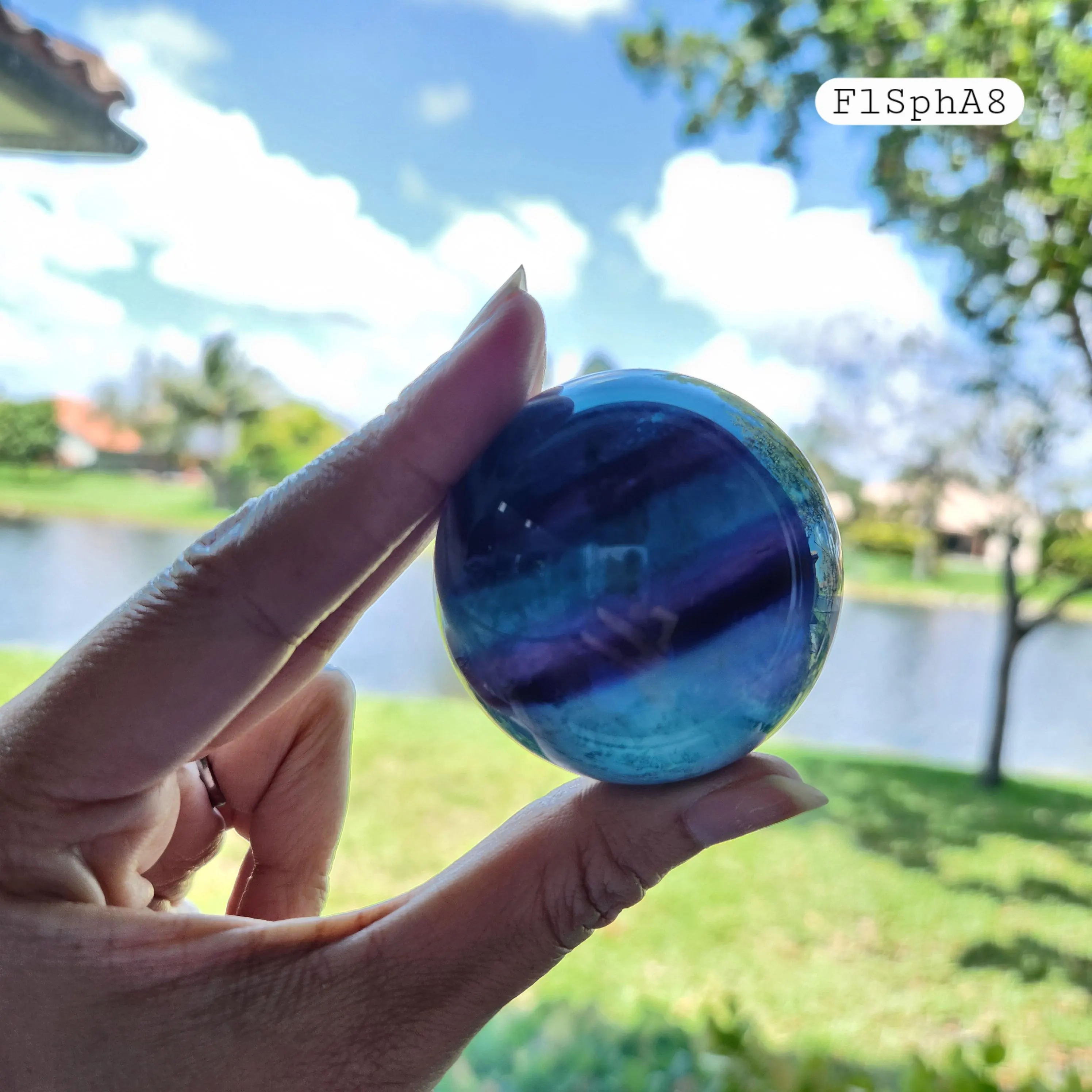 Fluorite sphere • 2" Rainbow Fluorite Banded Feather Fluorite Crystal Sphere