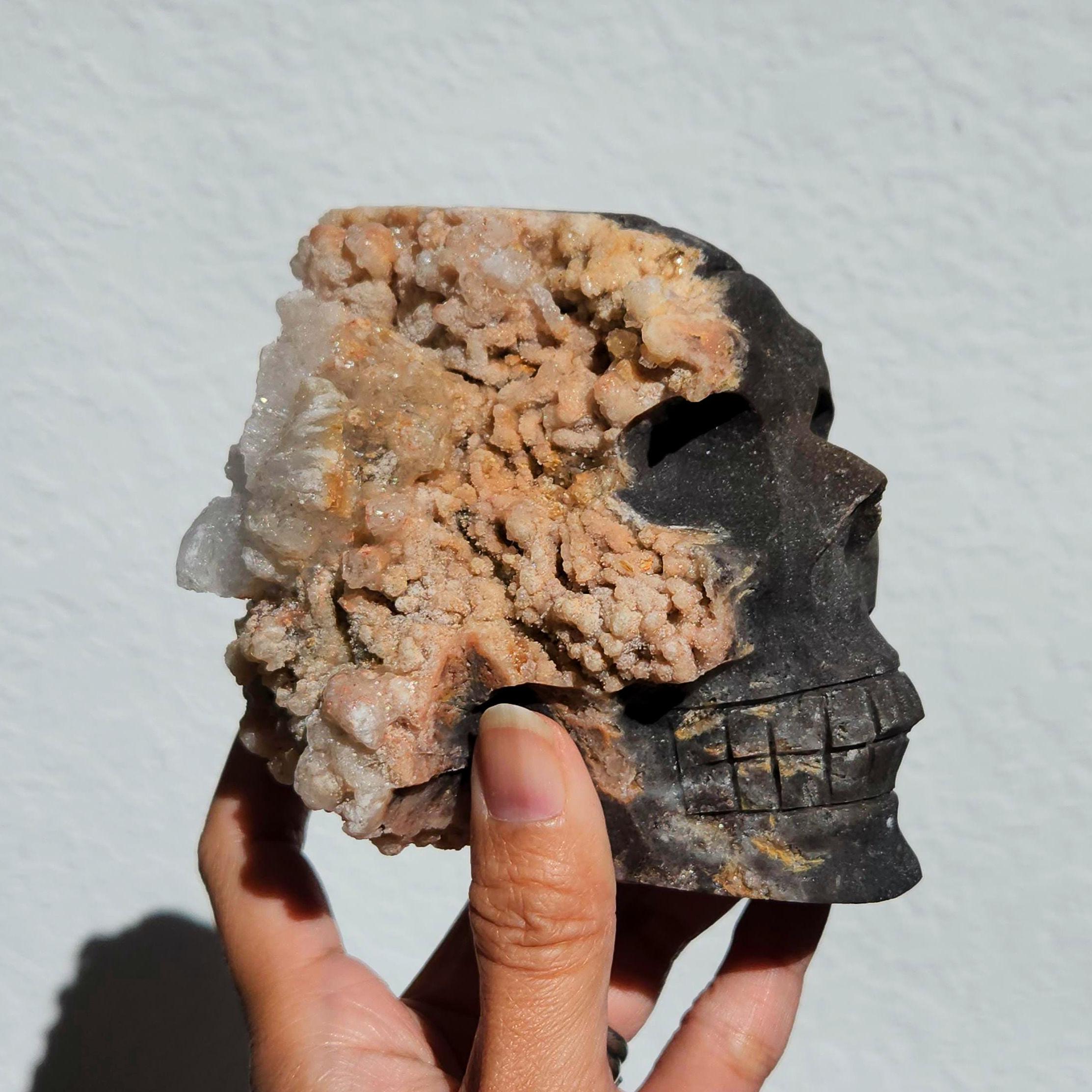Quartz skull • 5" Amber calcite crystal skull • Raw druzy amber quartz cluster skull head 