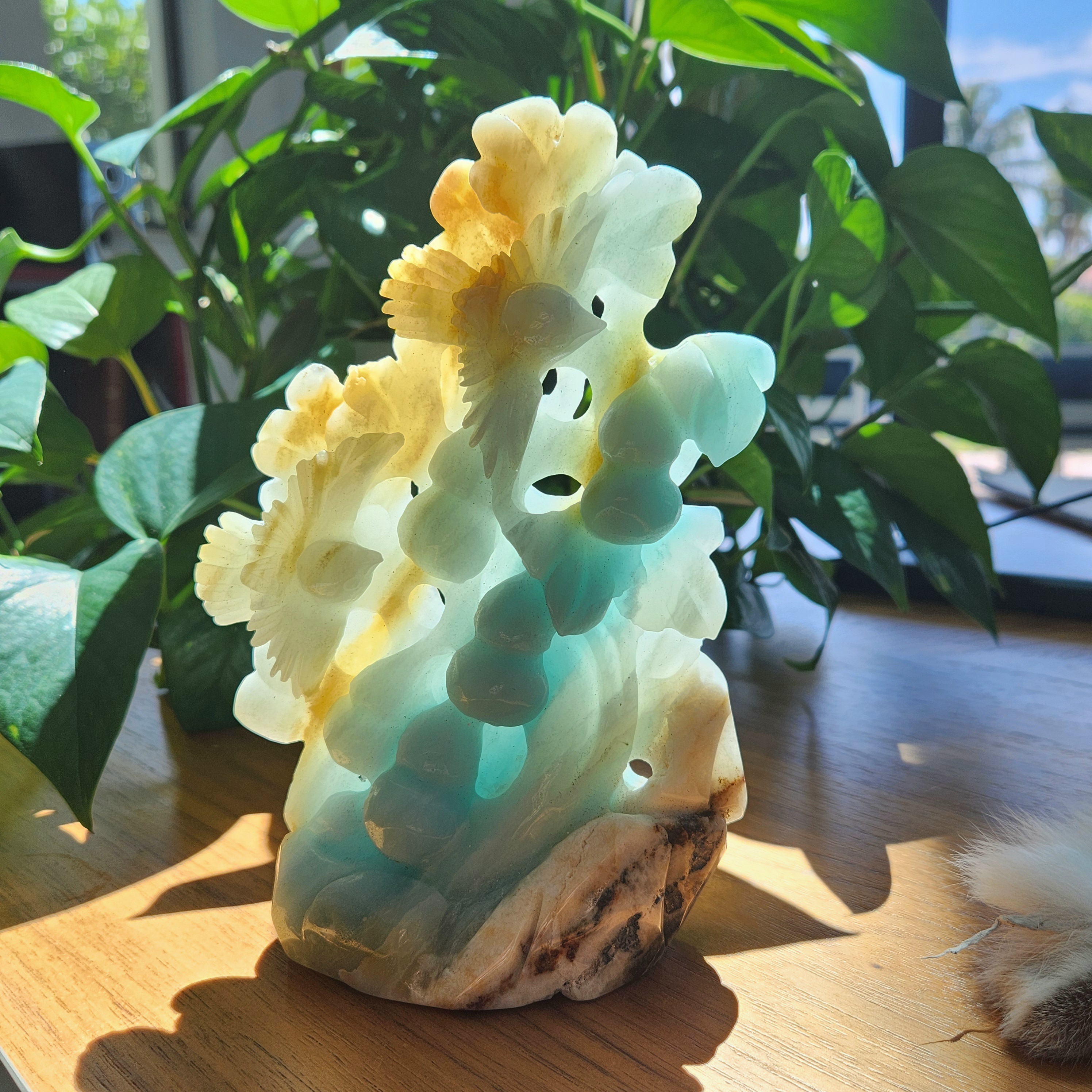 Amazonite Tree carving • 6.6" Crystal Flower, Bird Blossom Flower Tree • 
