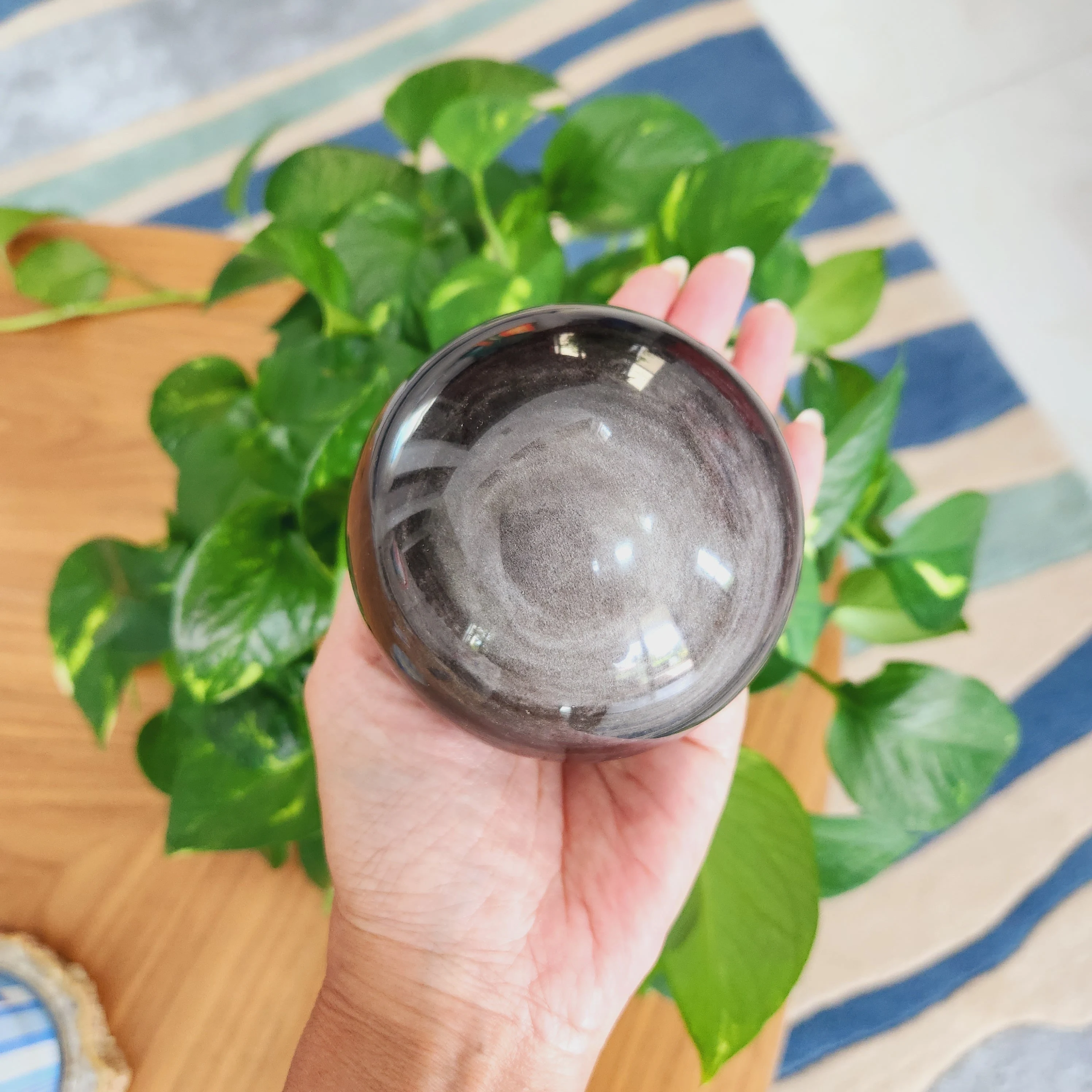 Super Flashy Silver Obsidian Sphere • 3.4" Large Silver Sheen Obsidian Sphere • Protective Crystal Sphere • 