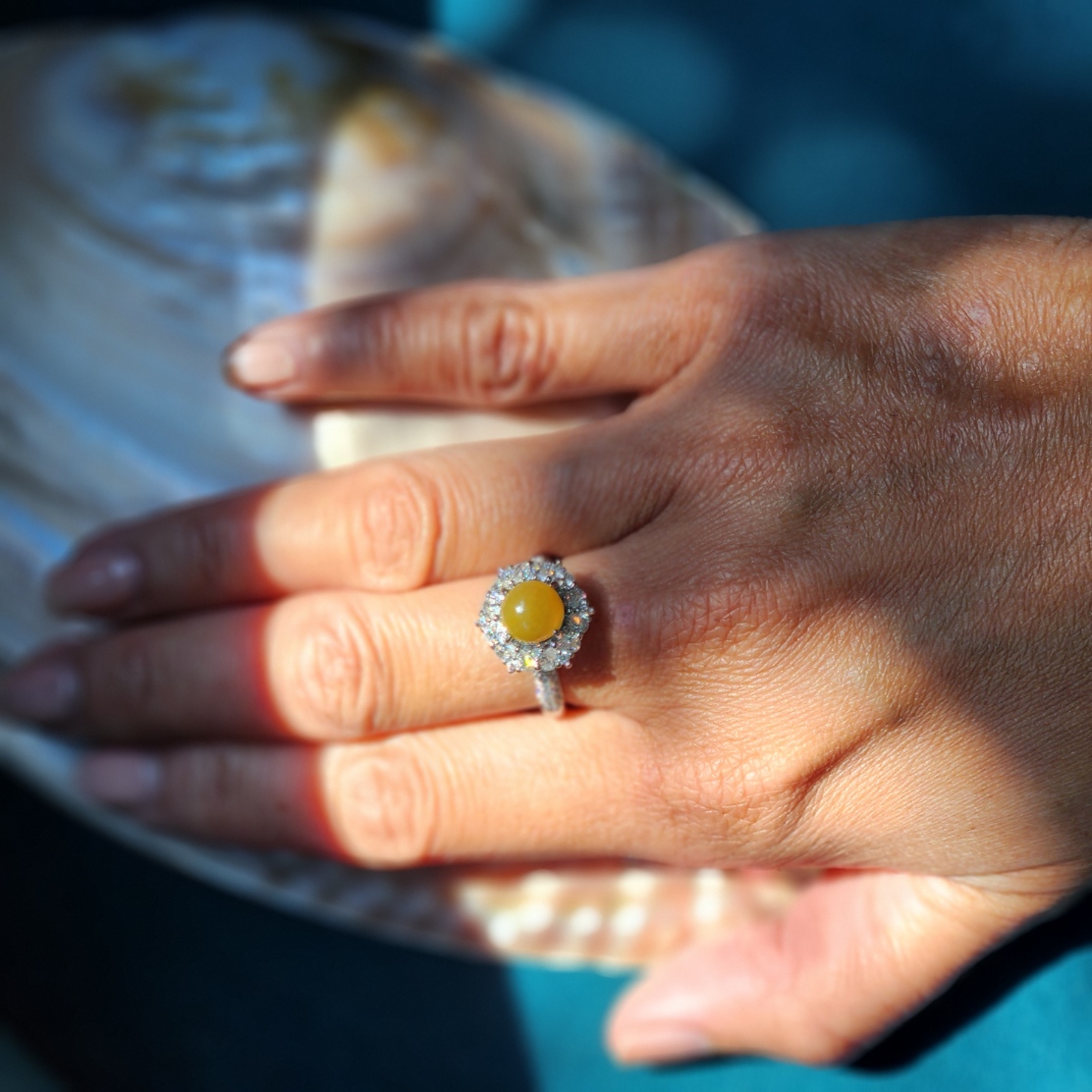 Yellow Jade Ring • Natural Burmese Jade silver adjustable band ring with cubic zirconia • Jade jewelry accessory gifts