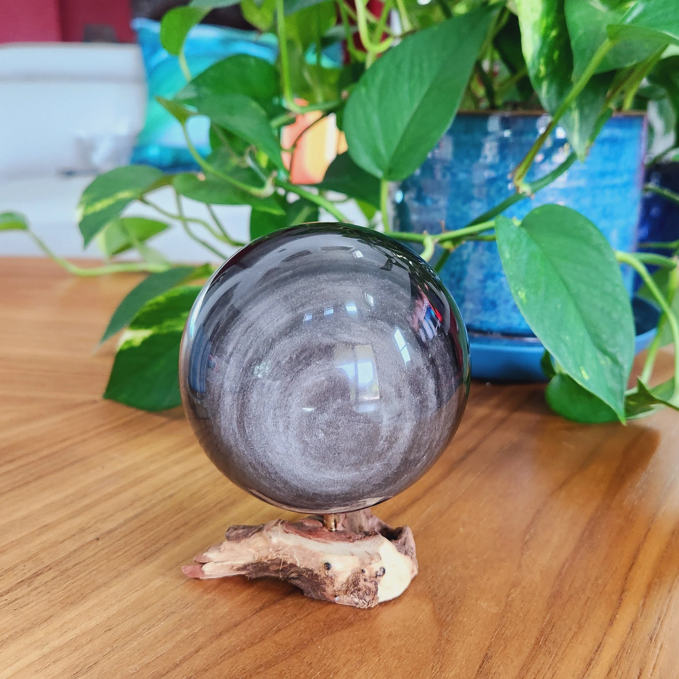 Super Flashy Silver Obsidian Sphere • 3.4" Large Silver Sheen Obsidian Sphere • Protective Crystal Sphere • 