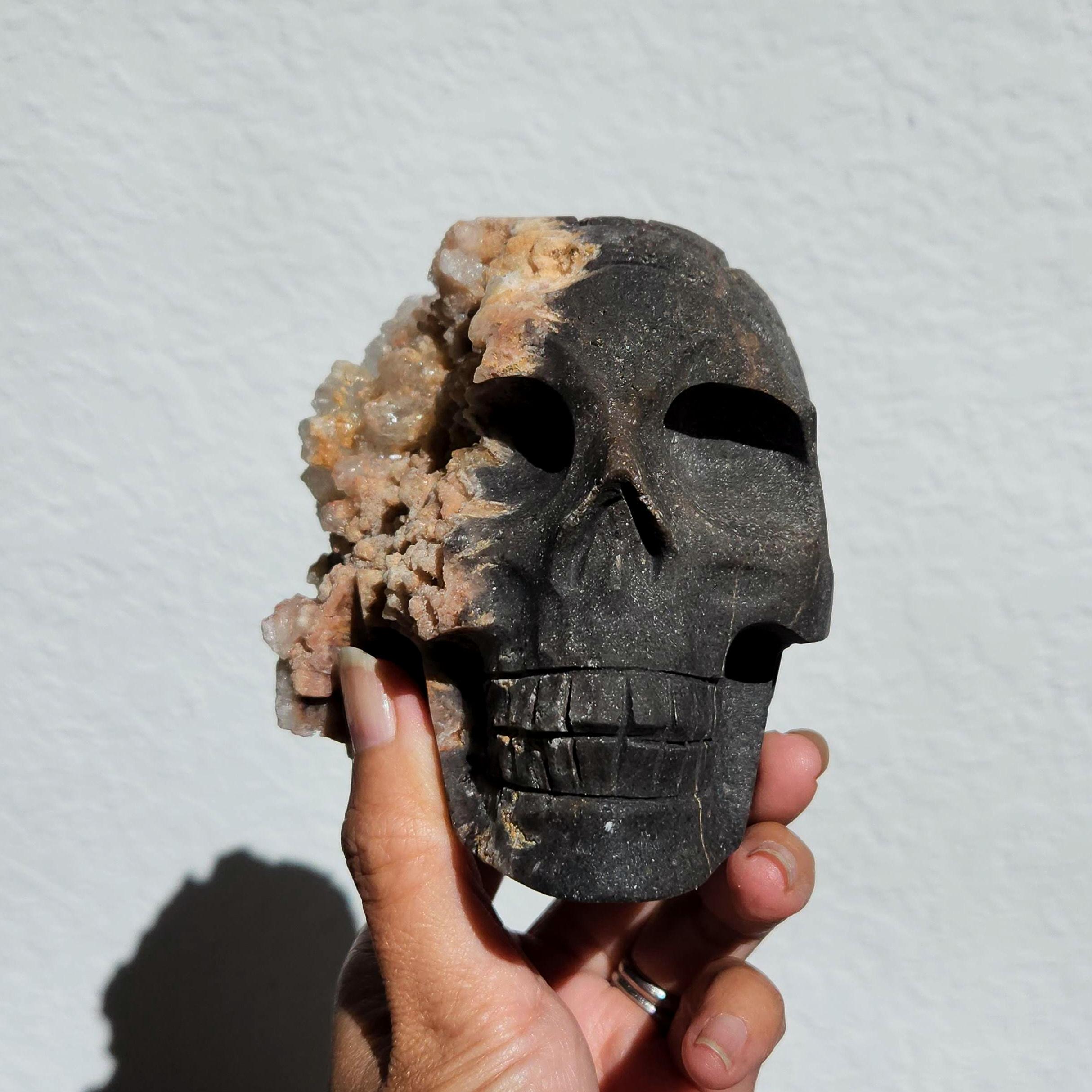 Quartz skull • 5" Amber calcite crystal skull • Raw druzy amber quartz cluster skull head 
