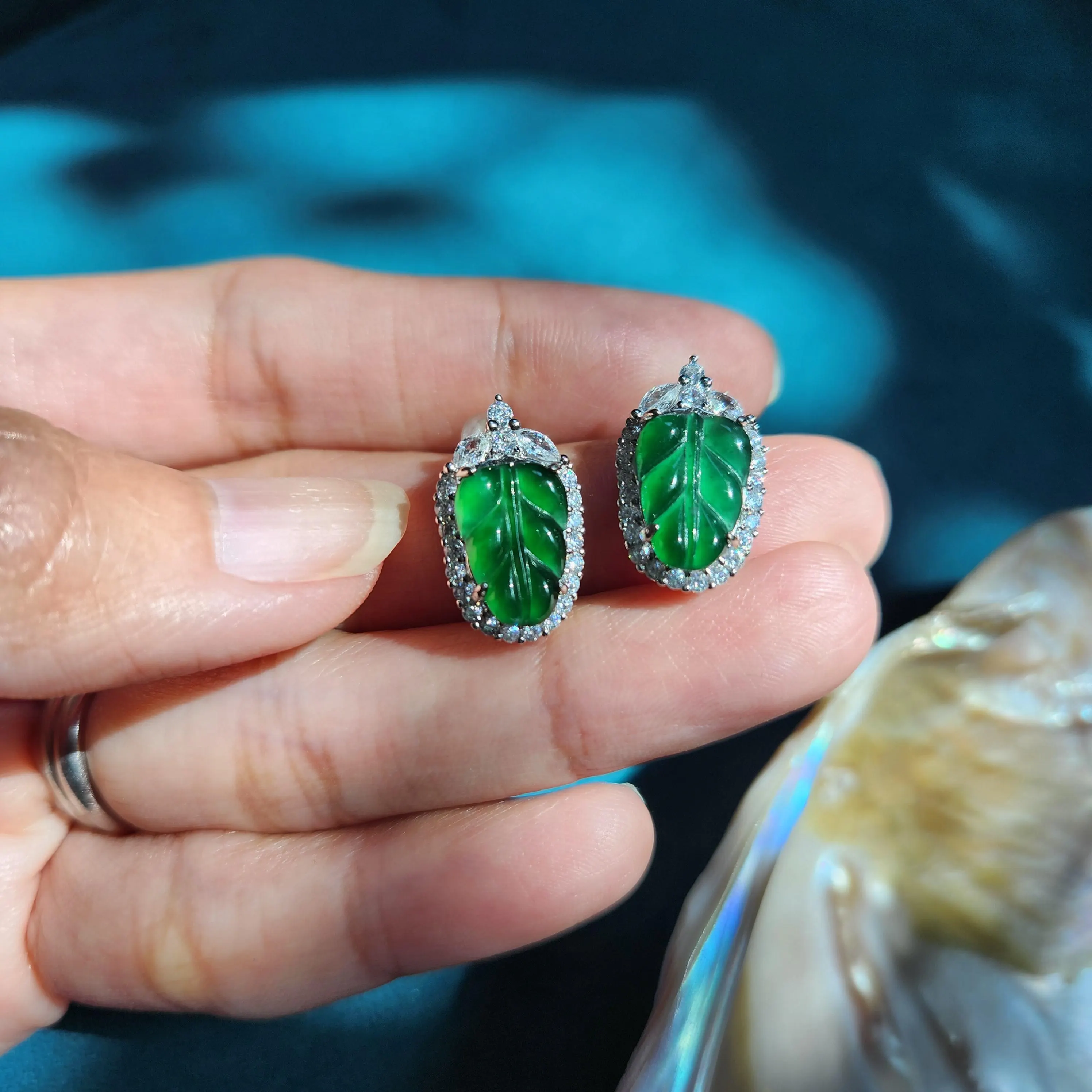 Jade earrings • Burmese green jade leaf stud earrings with cubic zirconia • Healing green Jade dainty classy jewelry gift for her