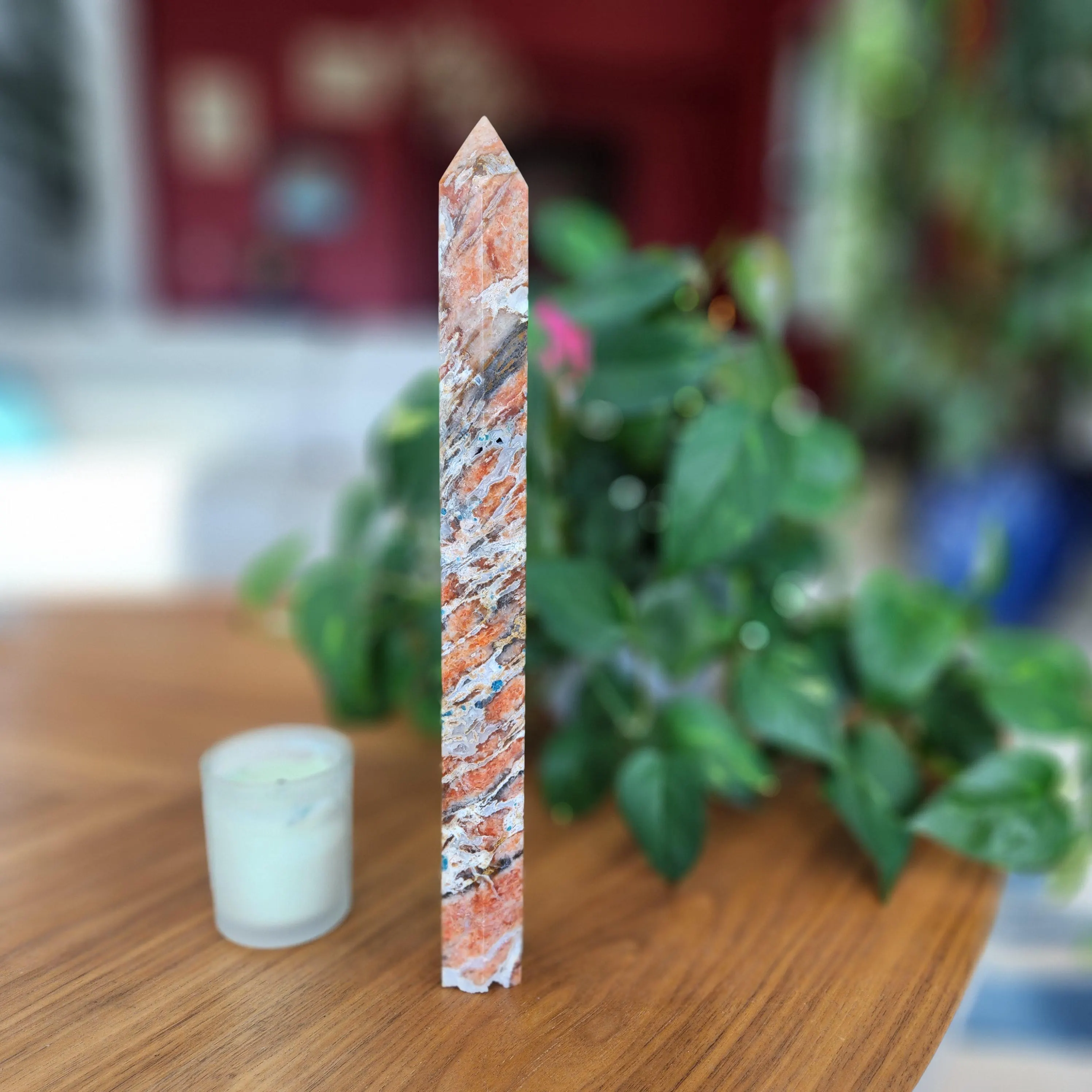 Sunstone with Appatite crystal Tower• 14.5" tall rare unique crystal tower point obelisk • Crystal gift home display 