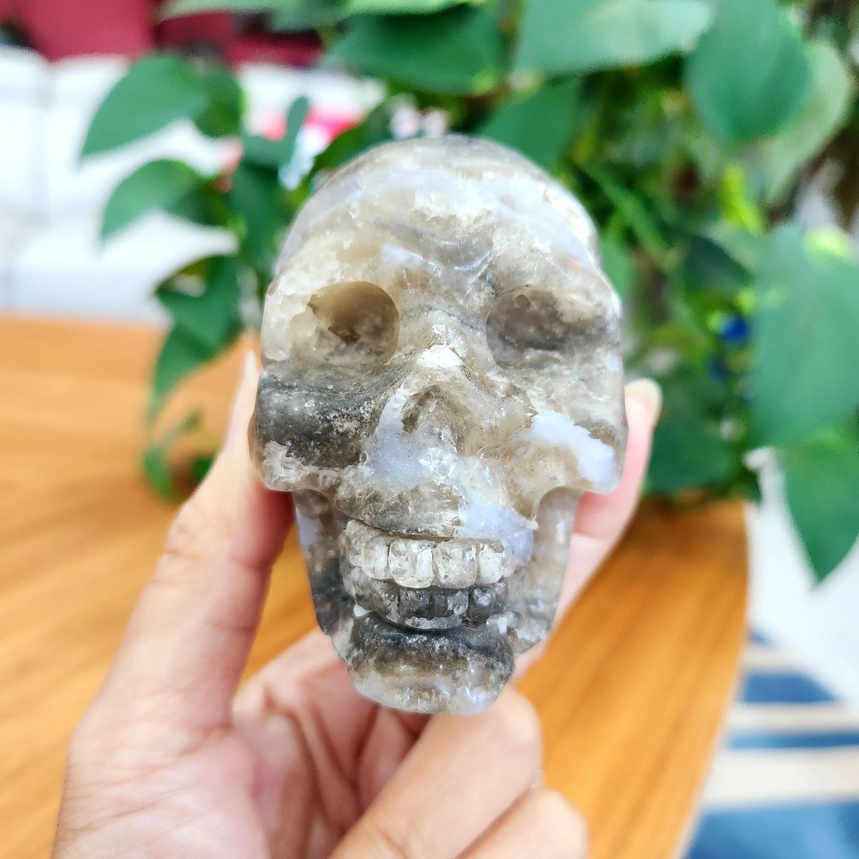 Fluorite with Moss Agate skull • UV reactive Moss Agate Fluorite skull • Moss agate skull, Fluorite skull head
