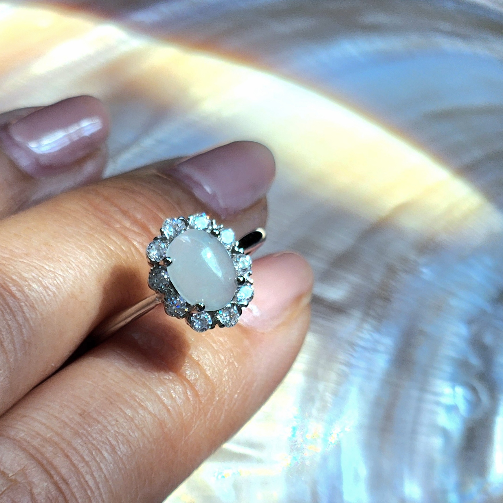 Jade Ring • Natural Icy cotton Jade Ring with cubic zirconia • Jade jewelry accessory gifts