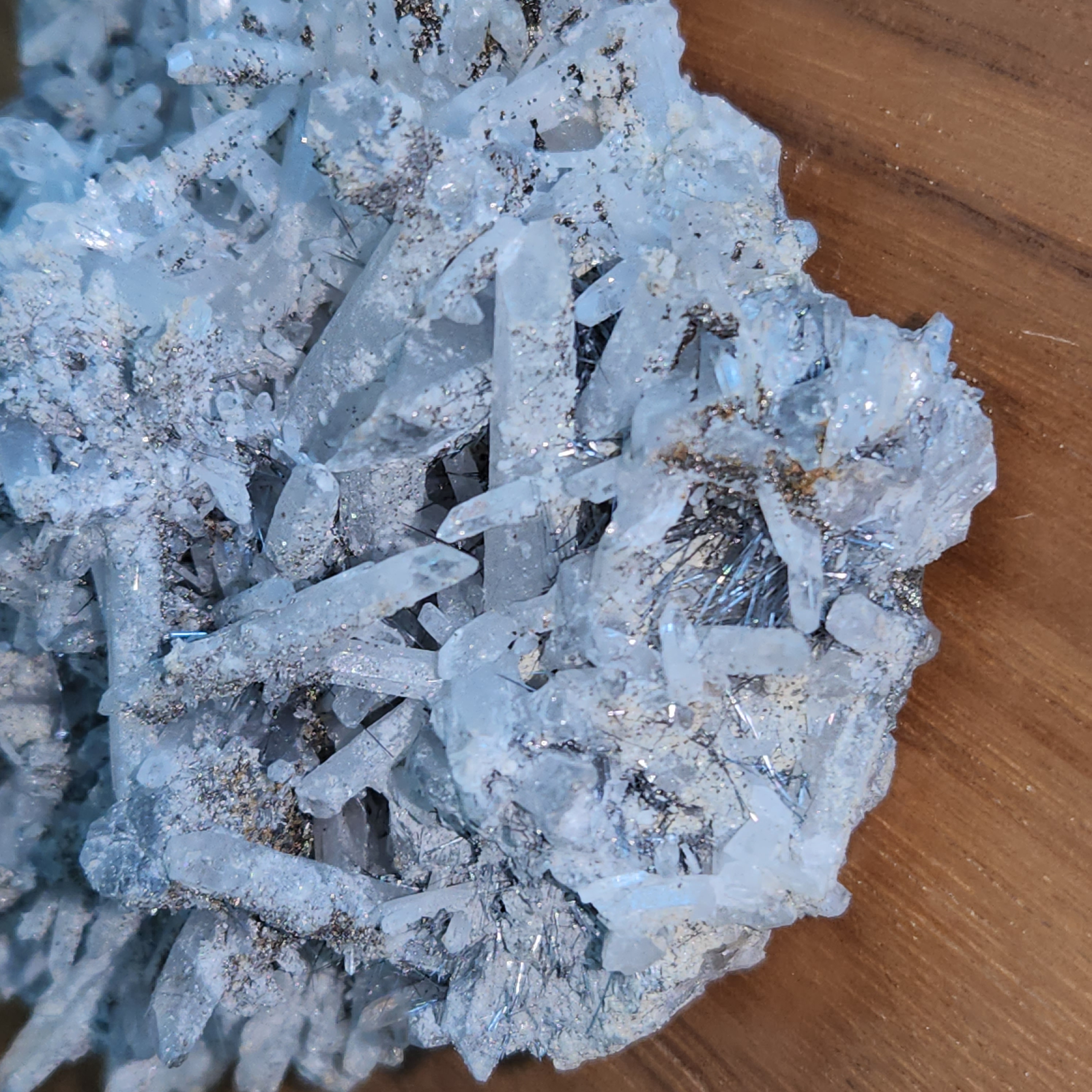 Silver rutile cluster • Rutilated quartz with pyrite • Silver spray rutile crystal mineral specimen, crystal gift, collector's specimen