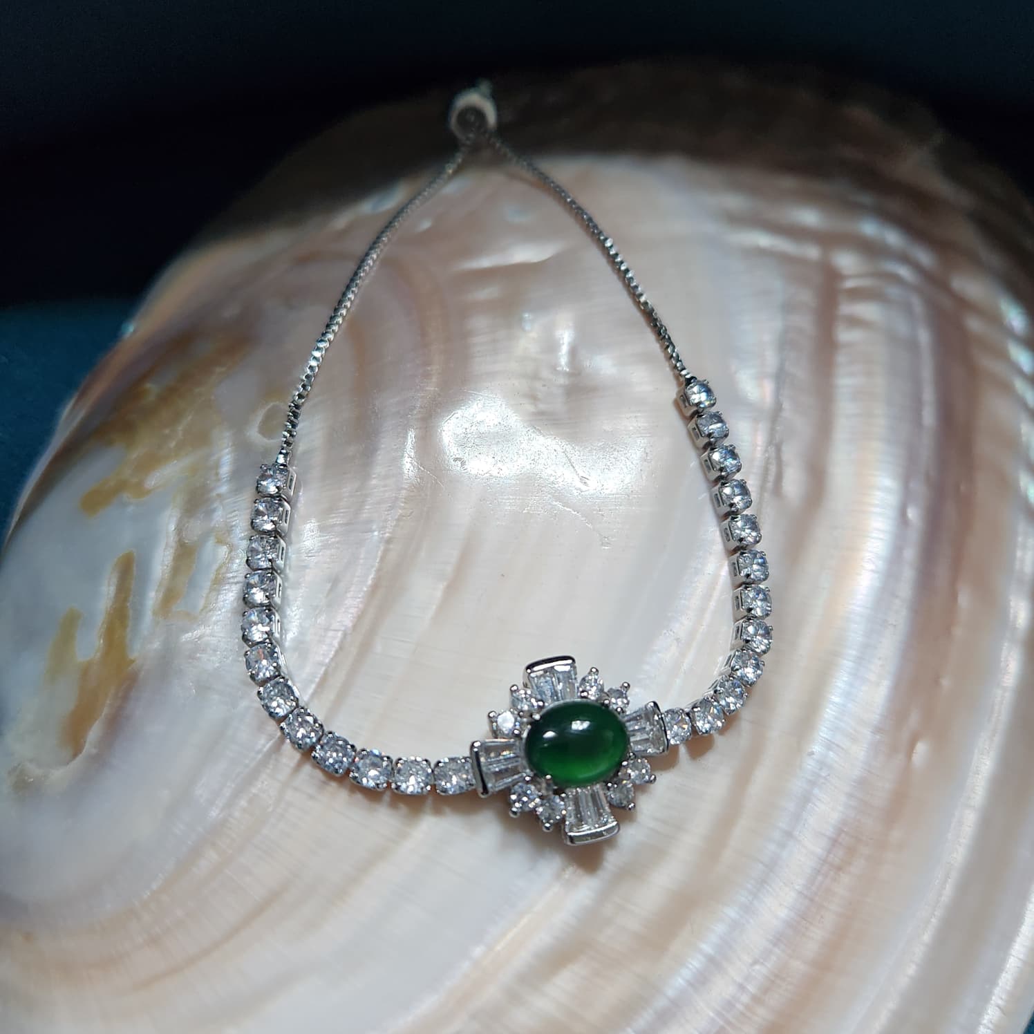 Green Jade - A Grade Silver adjustable bracelet with cubic zirconia
