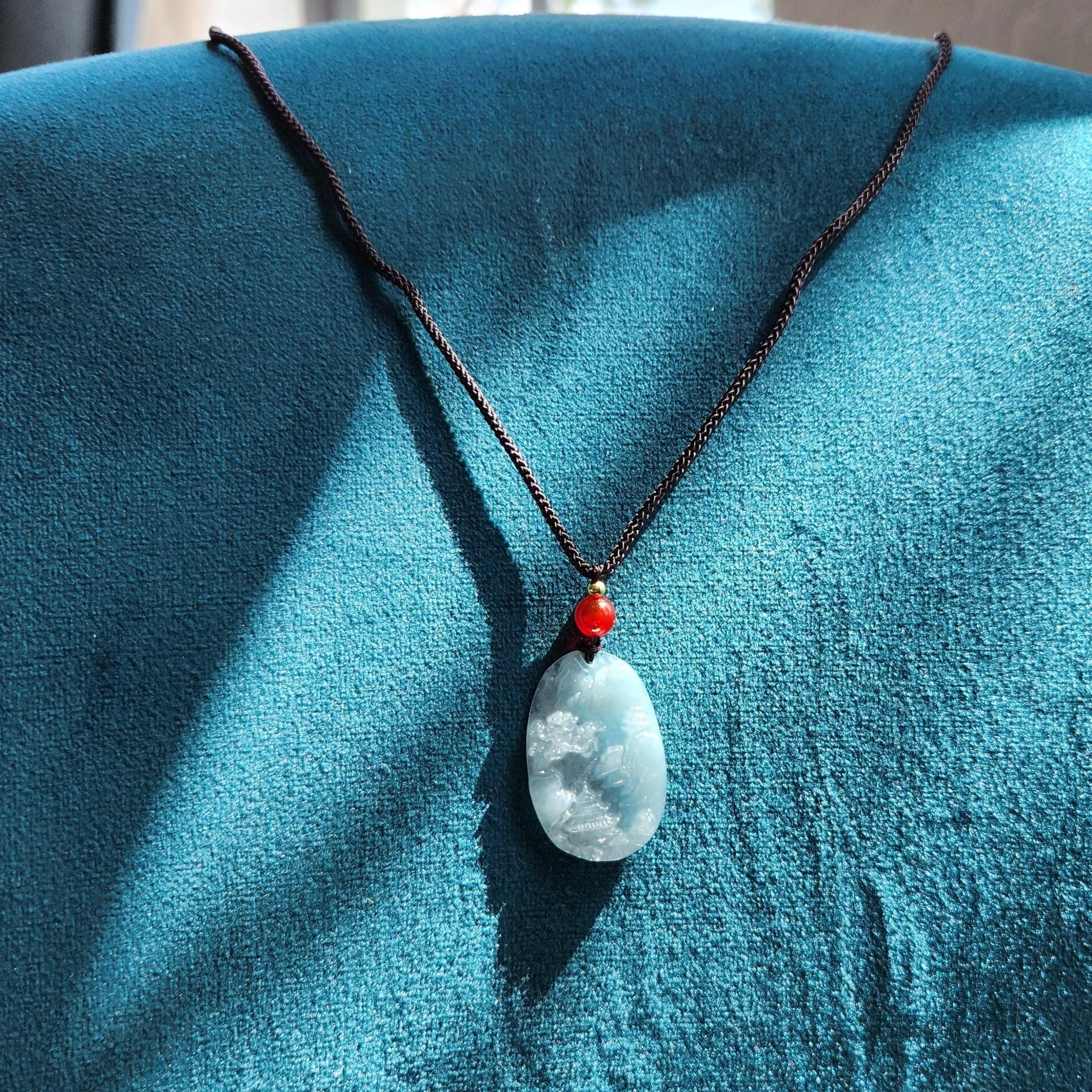 Jade pendant necklace landscape carving • Hand carved Blue Burmese jade jewelry • Jade jewelry gift for her
