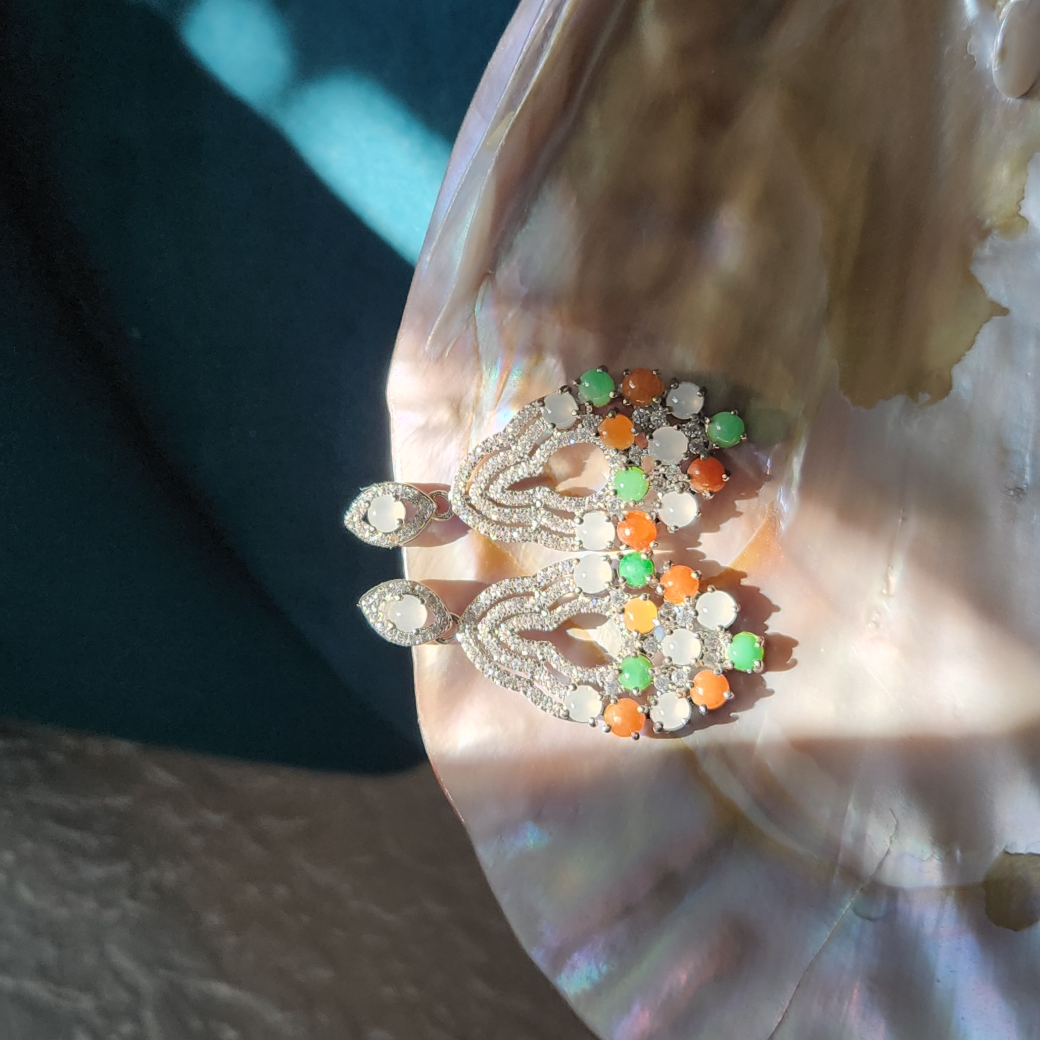 Teardrop earrings • Burmese jade earrings with orange, white, green jade cubic zirconia • dangling earrings • Jade jewelry gift for her