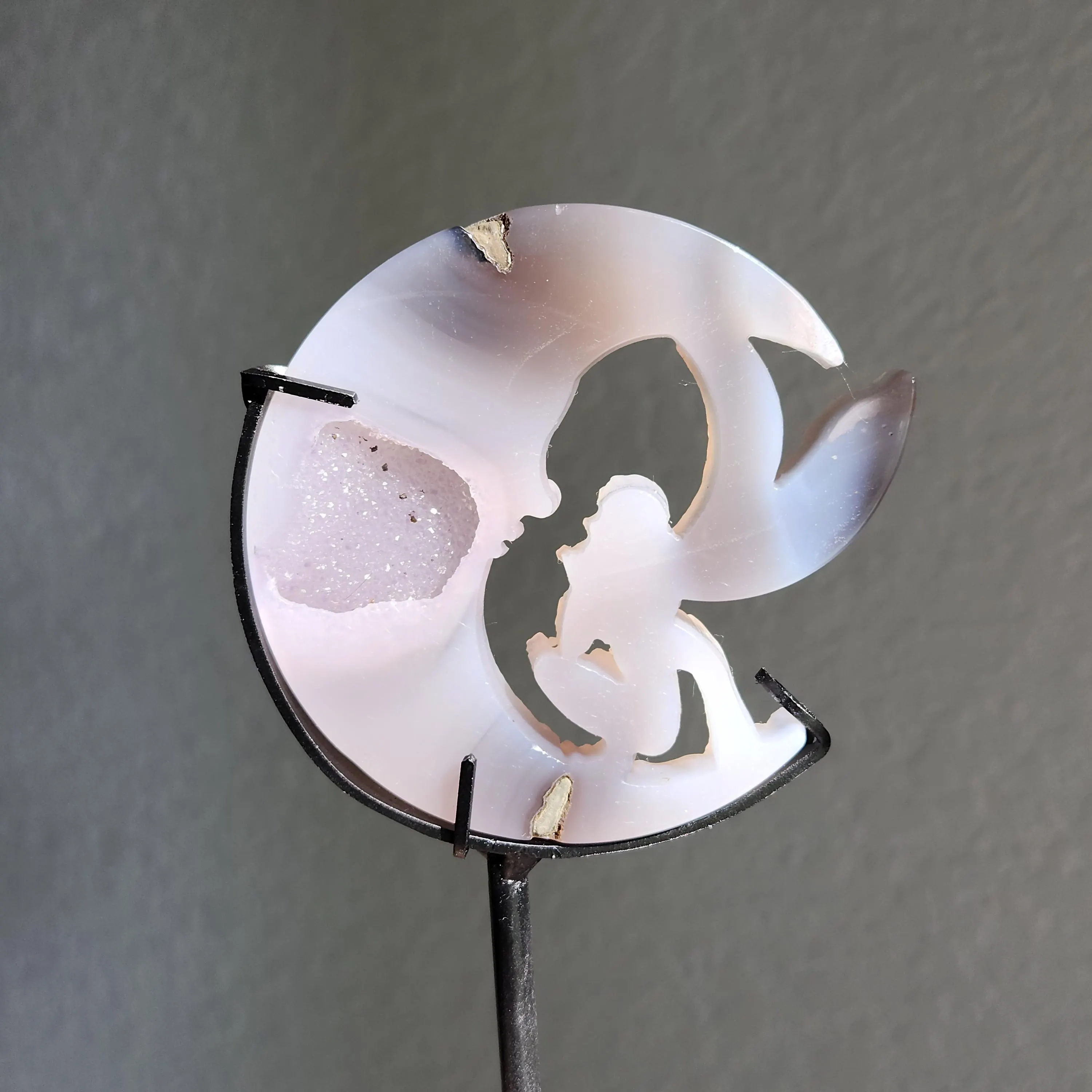 Agate Moon Fairy • 7" Pink Druzy Agate Moon with fairy on stand • Agate Crescent Moon Fairy on stand