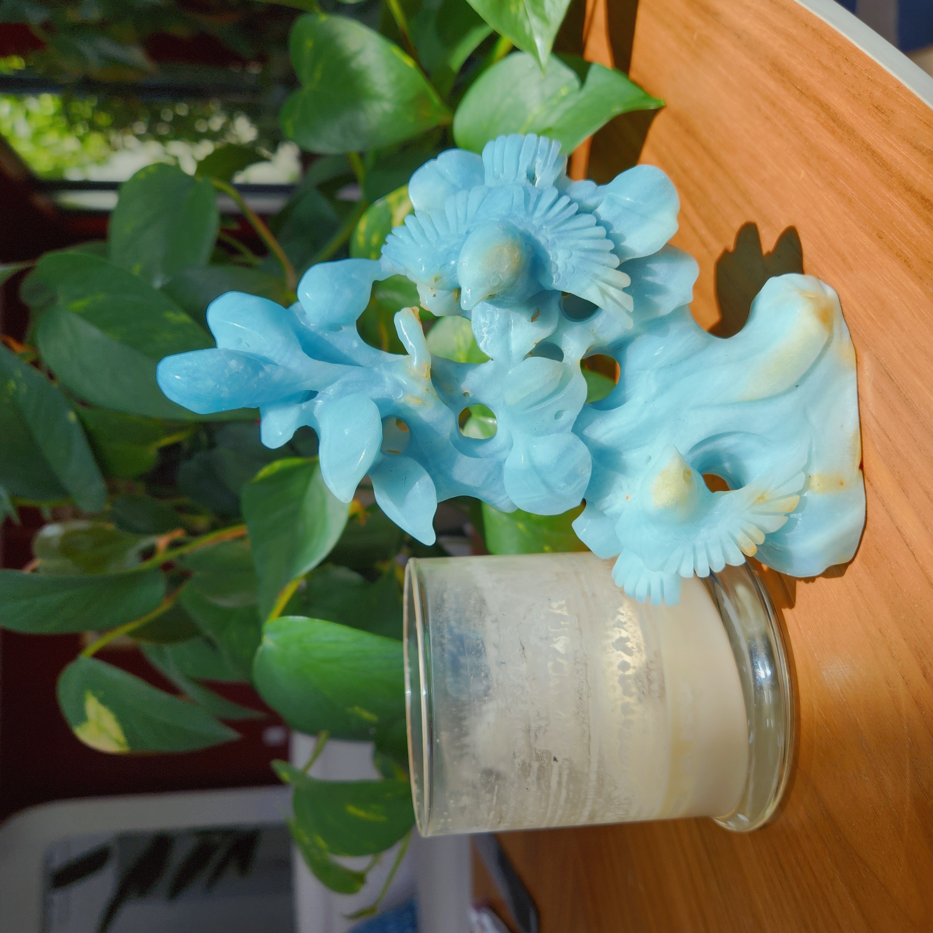 Amazonite Tree carving • 6.6" Crystal Tree, Bird Blossom Flower Tree • 