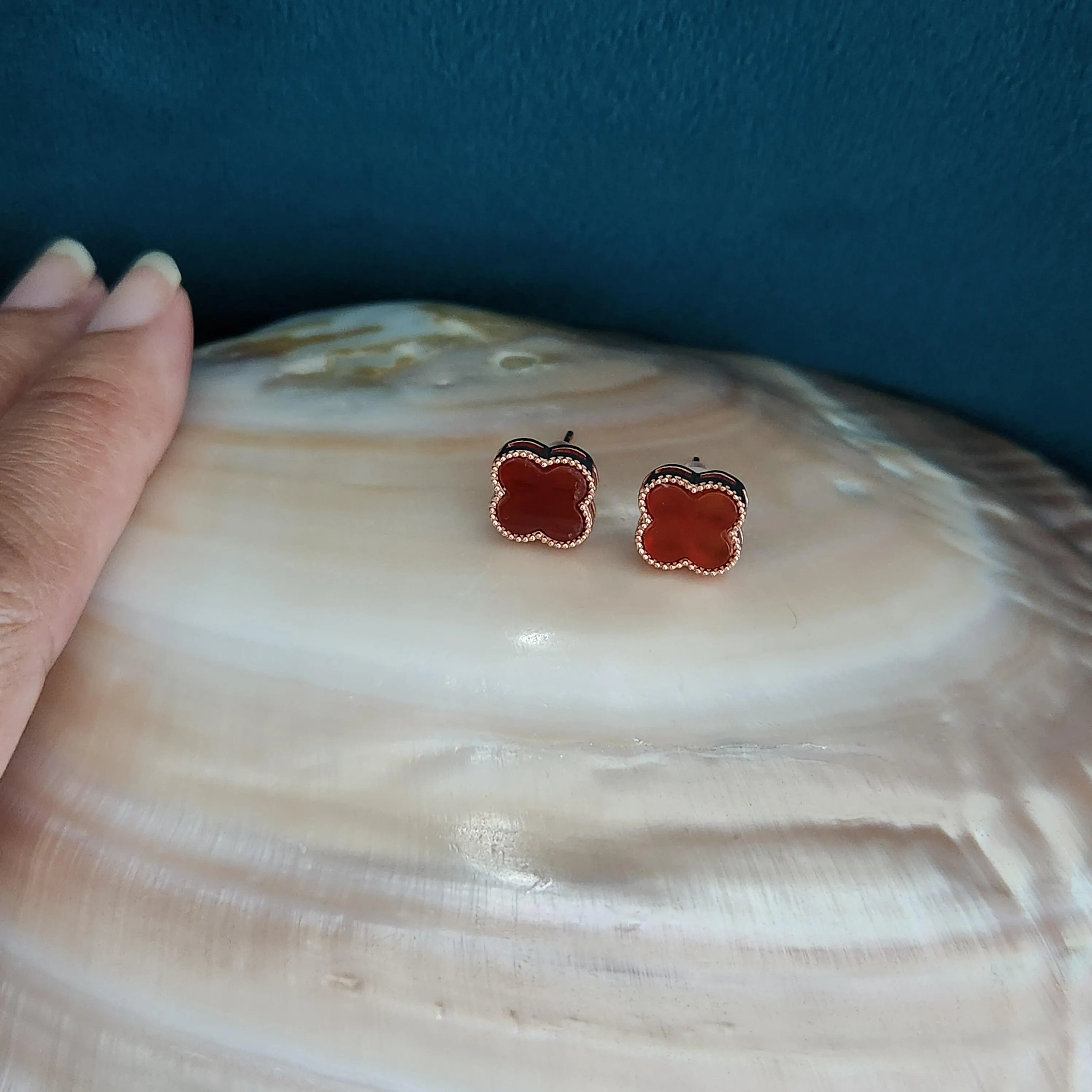 Agate Four Leaf Clover earrings • Rose Gold plated crystal gemstone Red Agate earring accessory • 