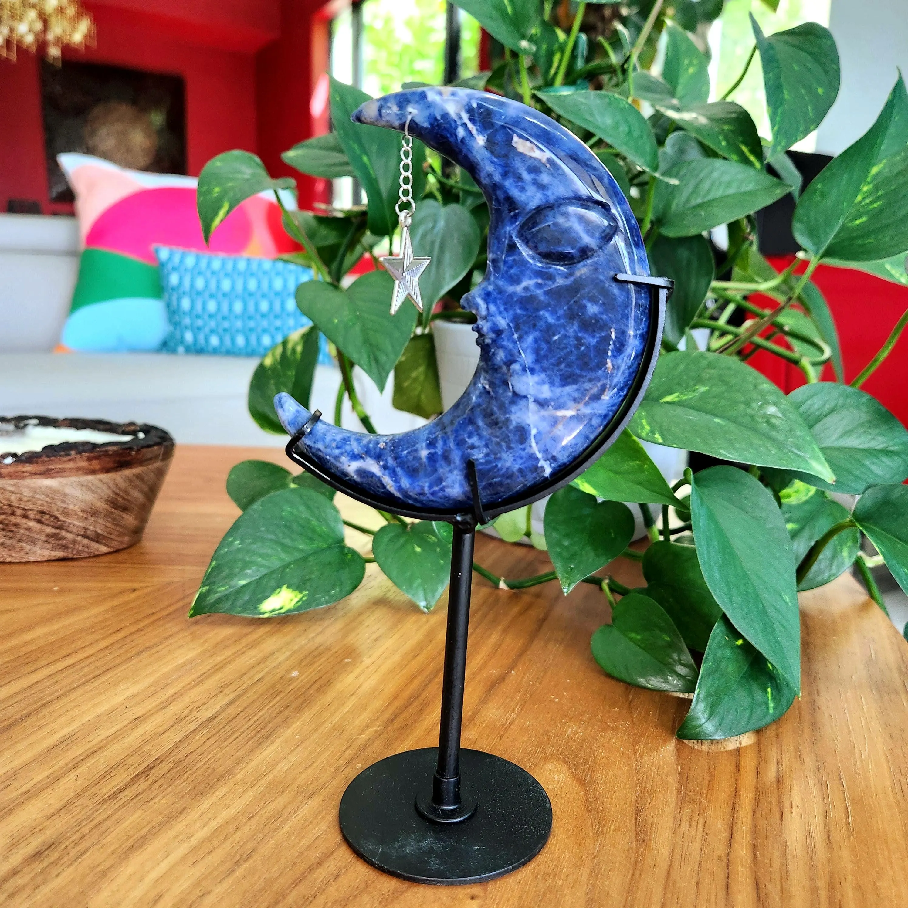 Sodalite Moon • Sodalite Moon Face • Sodalite Crescent Moon w charm • 7.2" on stand 