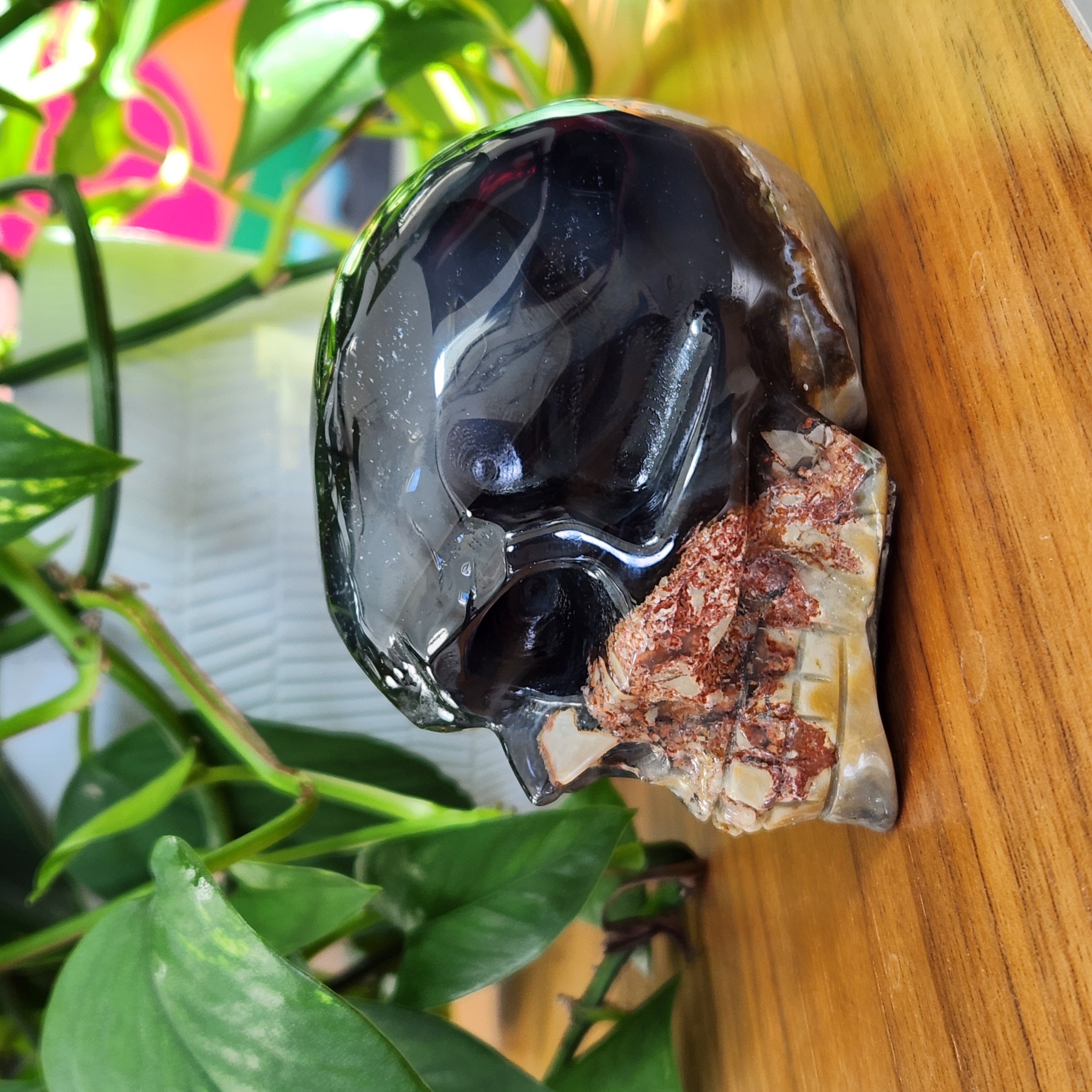 Volcano Agate Skull • 3.6" UV reactive crystal skull head • Florescent Luminous Glow Green Crystal Skull • 