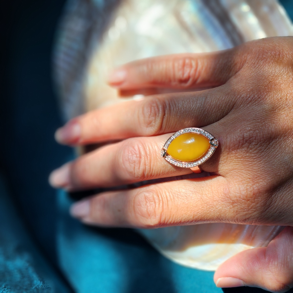 Yellow Jade - Rose Gold plated setting with cubic zirconia. Natural Burmese Jade - Stone of abundance and prosperity