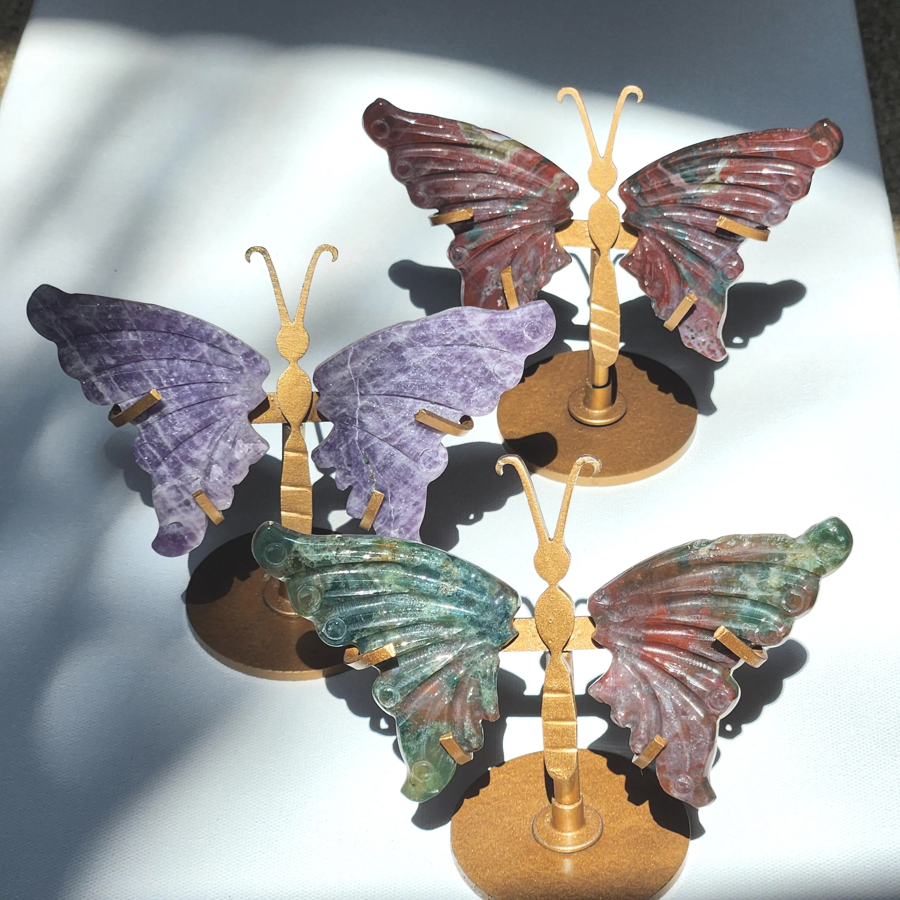 Butterfly wings - 4.6" Butterfly wing crystal carvings on stand - Ocean Jasper • Lepidolite