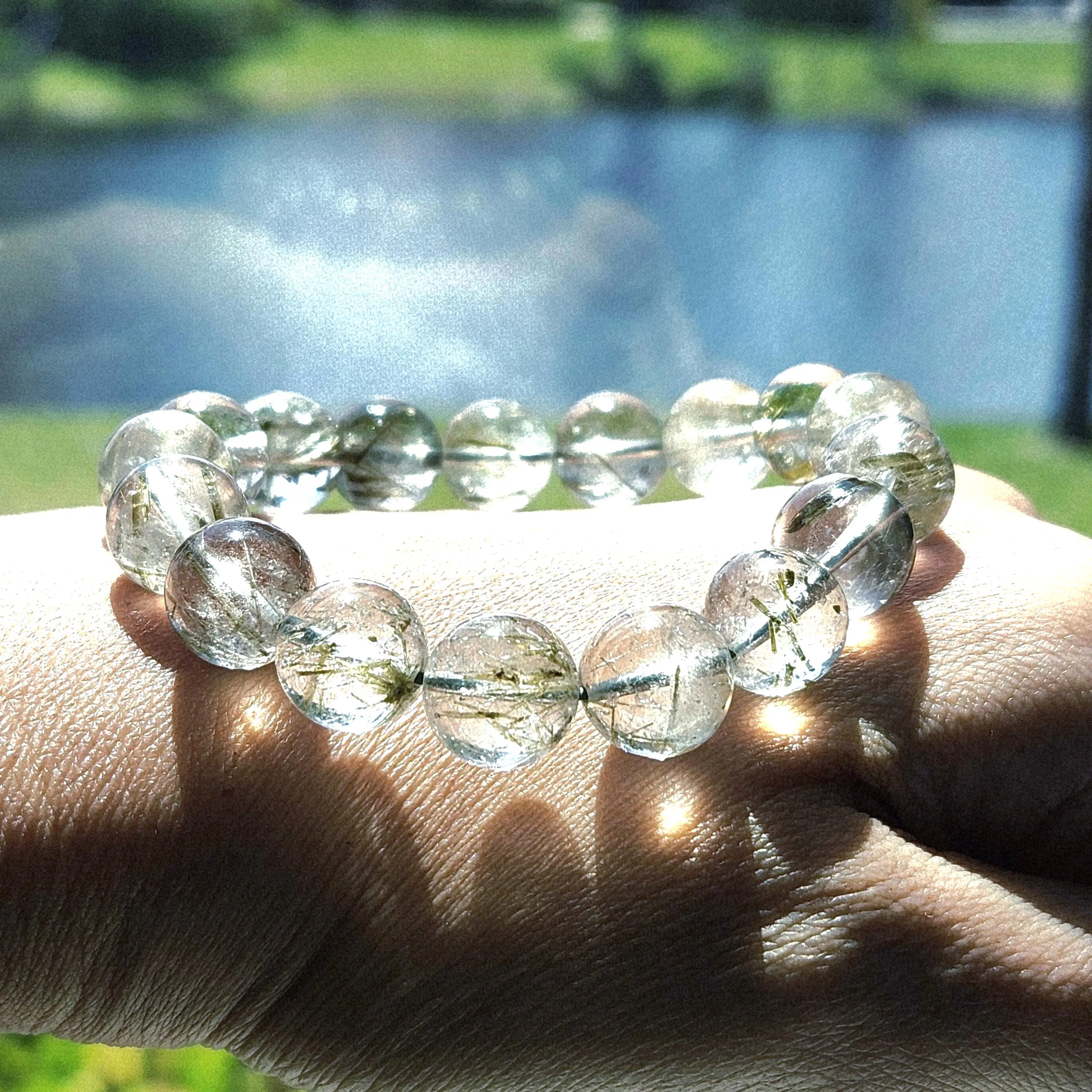 Green Tourmaline bracelet • 12mm round bead Tourmaline in Quartz crystal bracelet jewelry
