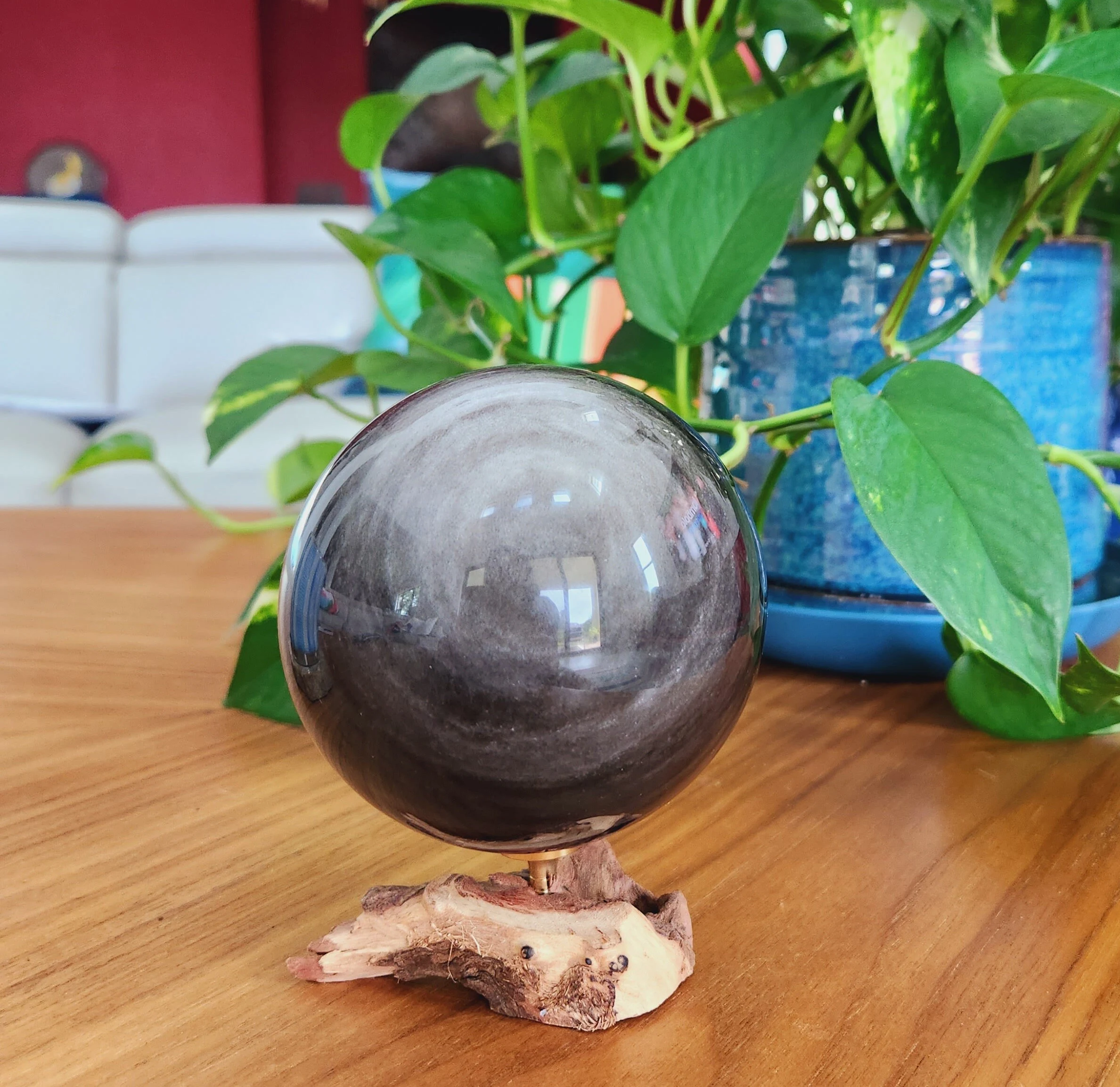 Super Flashy Silver Obsidian Sphere • 3.4" Large Silver Sheen Obsidian Sphere • Protective Crystal Sphere • 