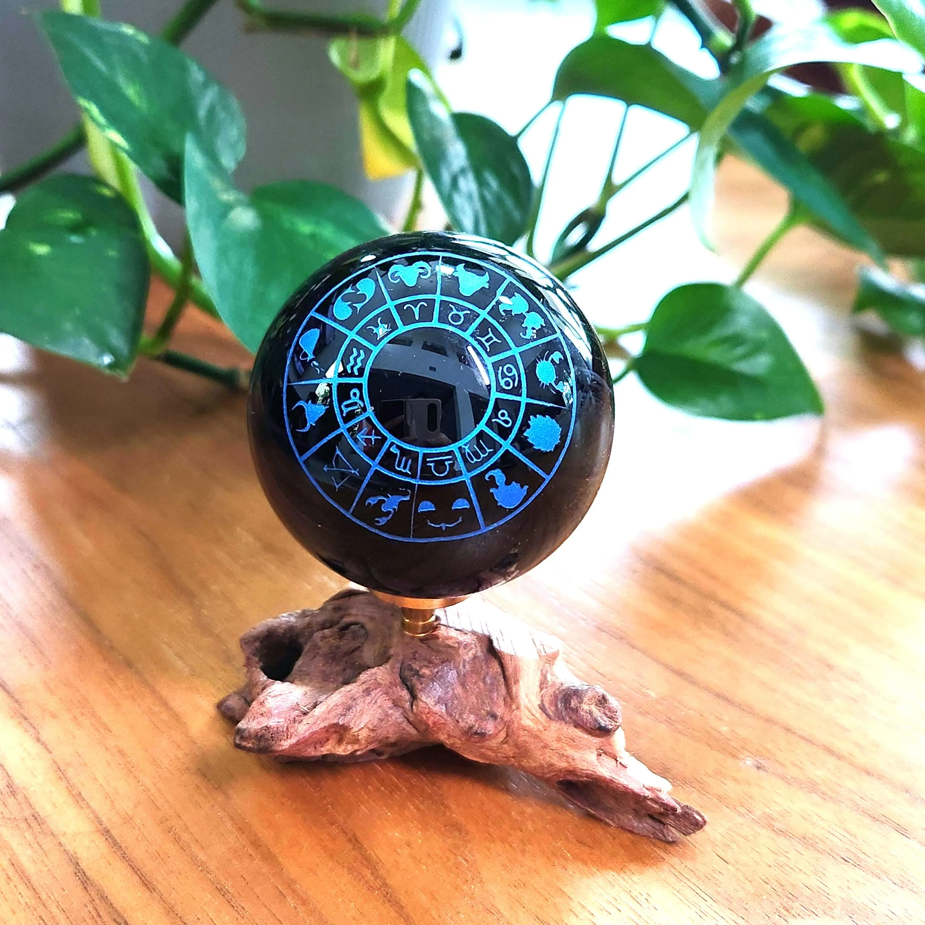 Engraved Black Obsidian Crystal Sphere • Obsidian Sun sphere • Obsidian Zodiac sphere •