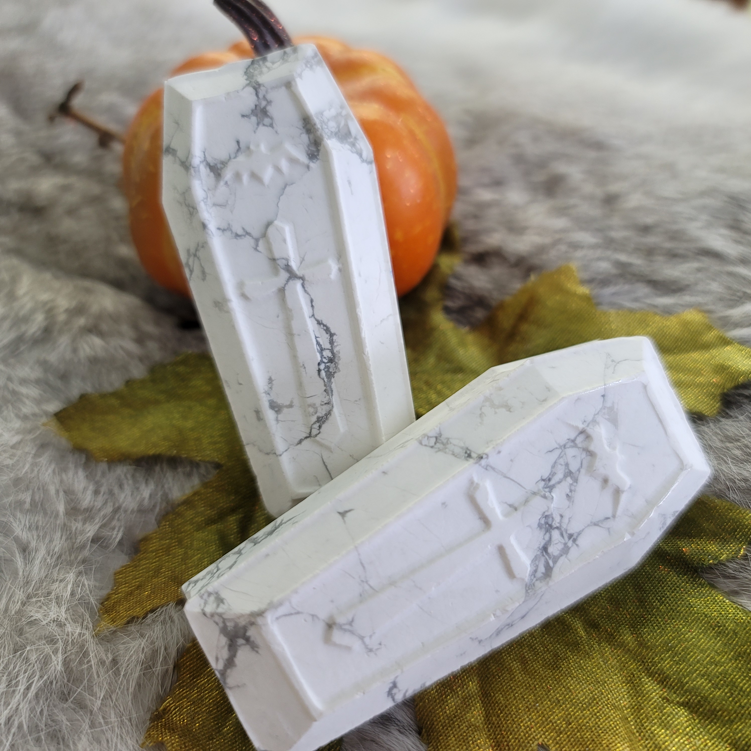 Black Obsidian Coffin, 3.25" Howlite Coffin Carving • Crystal Coffin home decoration, Halloween Coffin Crystal