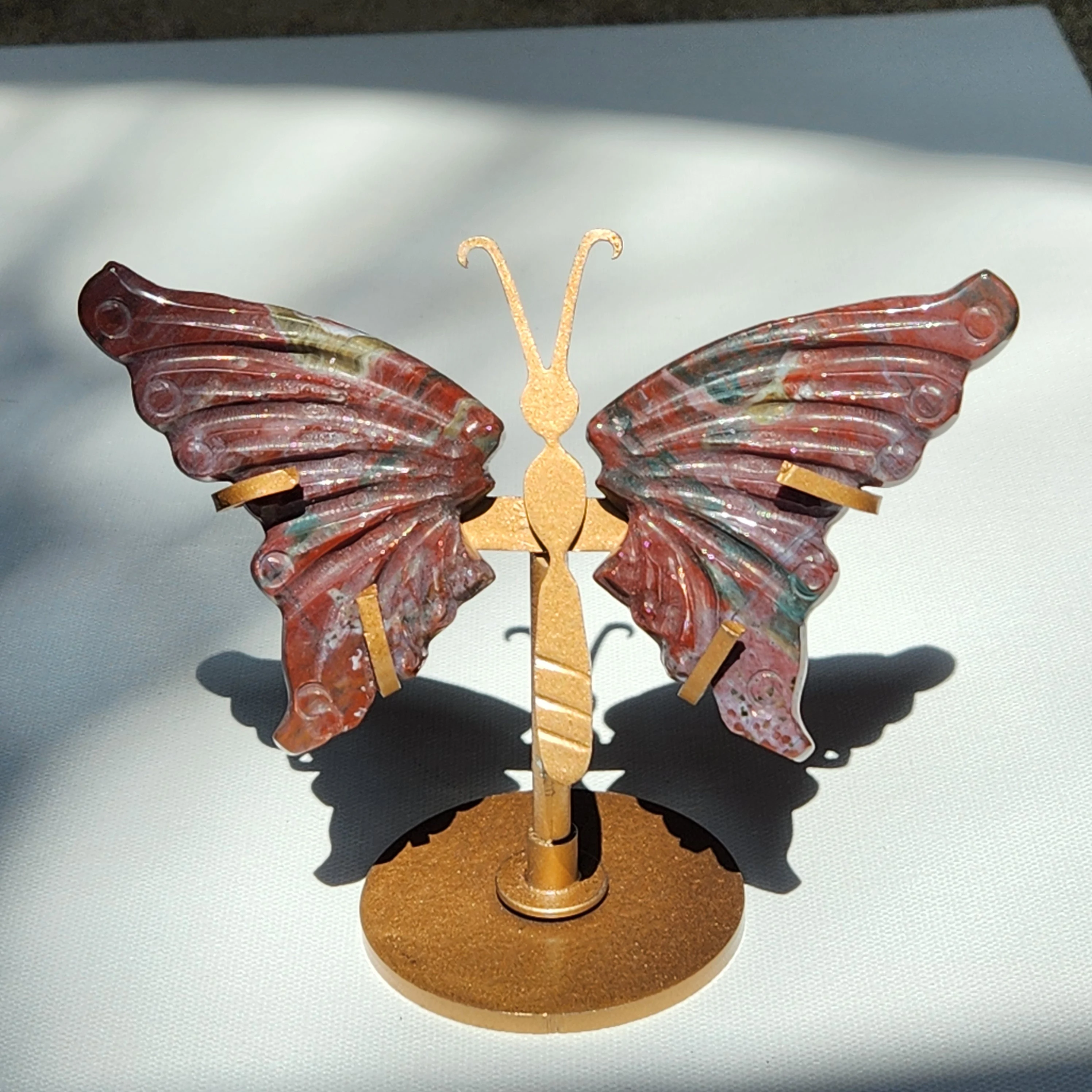 Butterfly wings - 4.6" Butterfly wing crystal carvings on stand - Ocean Jasper • Lepidolite