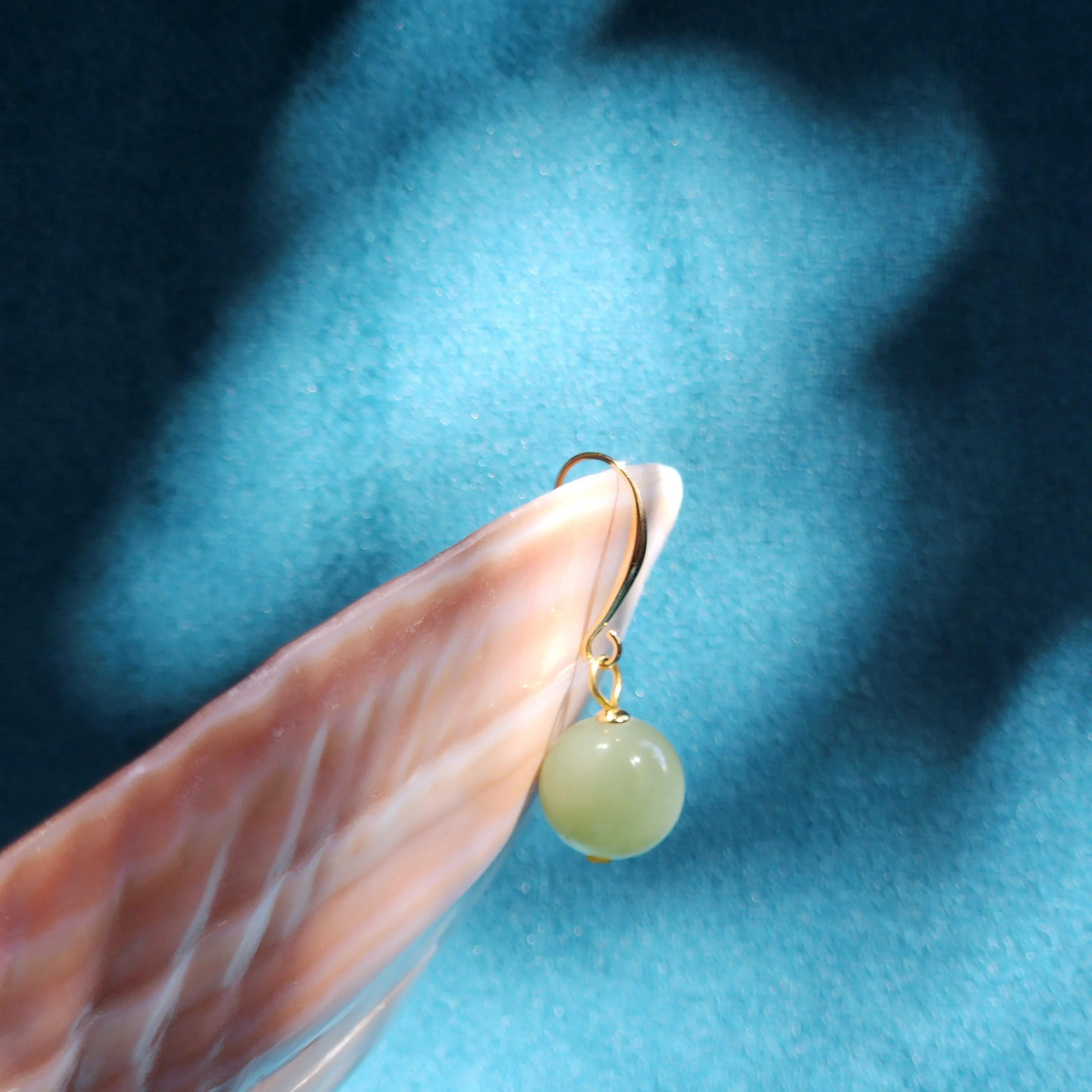 Jadeite earring • Apple olive green round bead drop earring with gold plated S hook • 