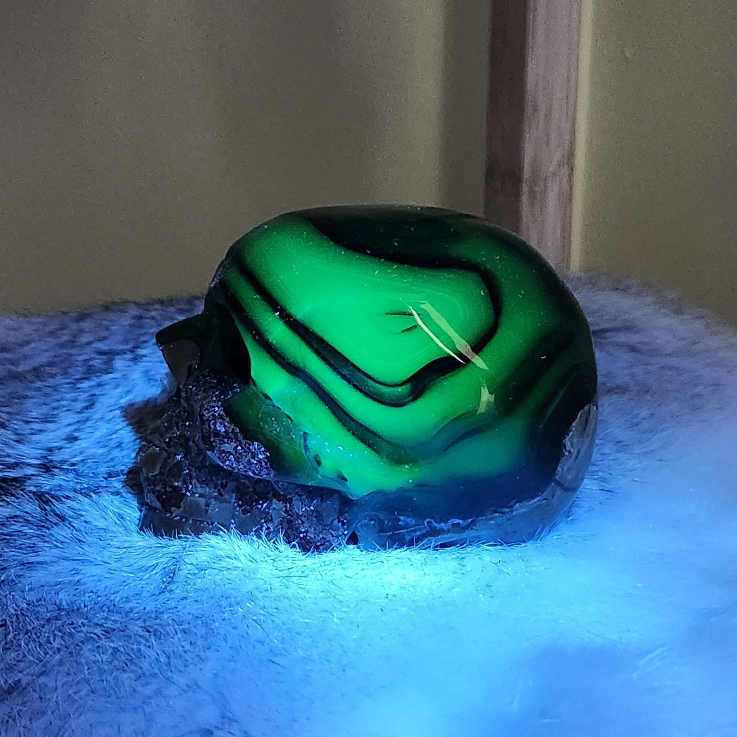 Volcano Agate Skull • 3.6" UV reactive crystal skull head • Florescent Luminous Glow Green Crystal Skull •