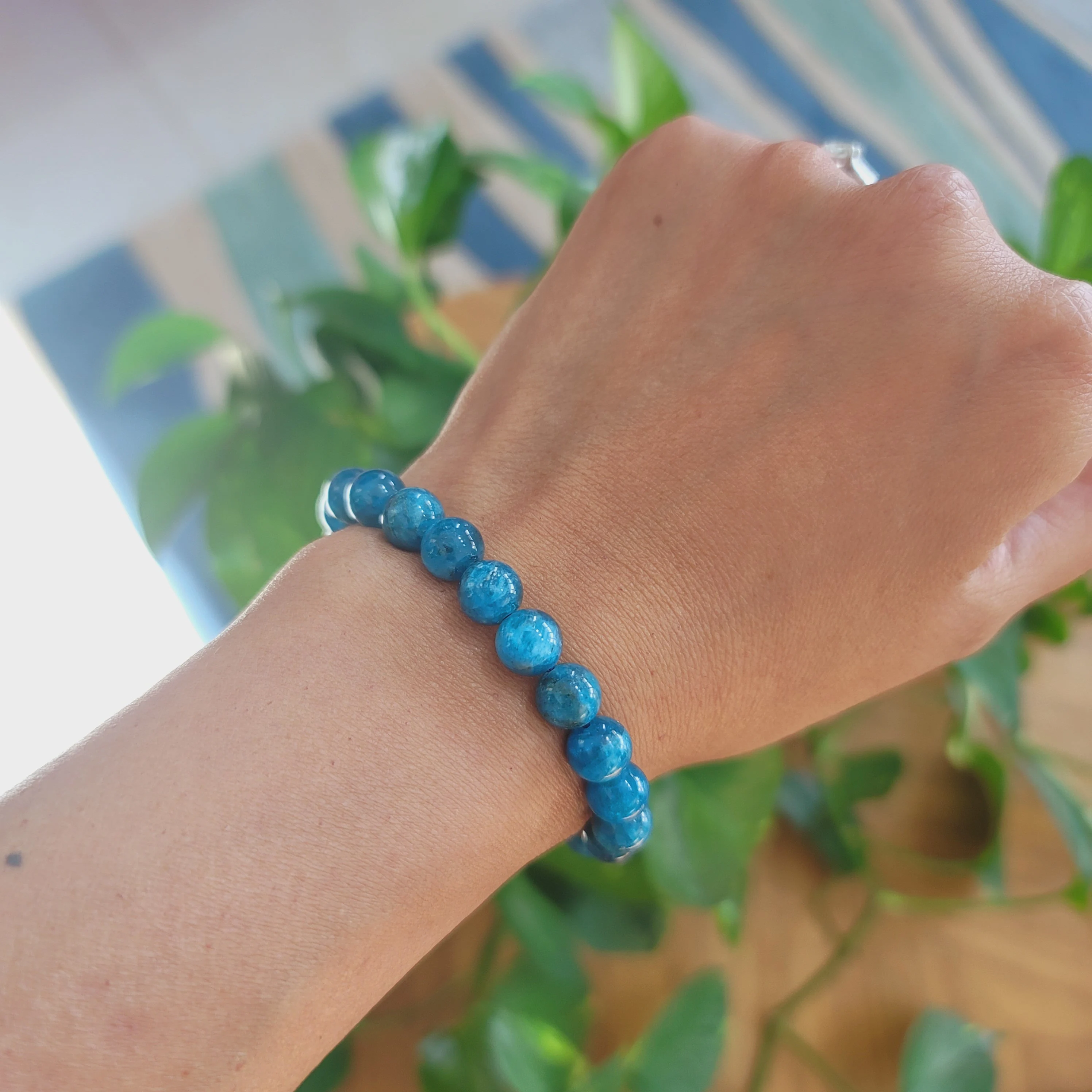 Blue Apatite Gemstone Crystal Bracelet • 8mm Healing Crystal Bracelet • 