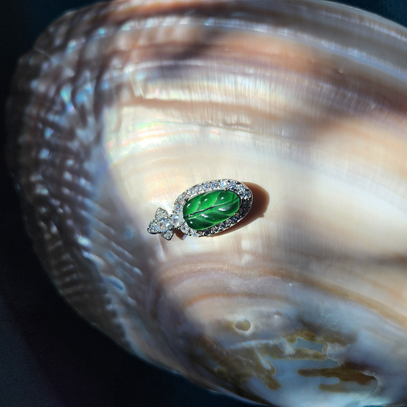 Jade pendant • Burmese green jade leaf pendant with cubic zirconia • Healing green Jade dainty classy jewelry gift for her
