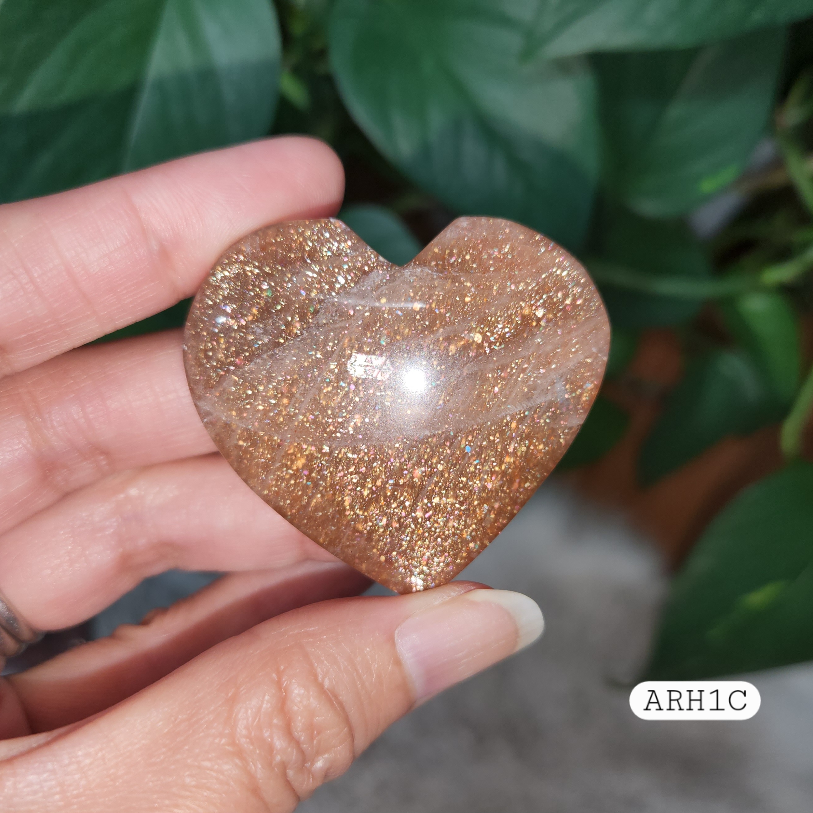 Arusha Sunstone Heart • 1.8" flashy Arusha gemstone crystal heart • High grade, rainbow confetti Arusha sunstone 