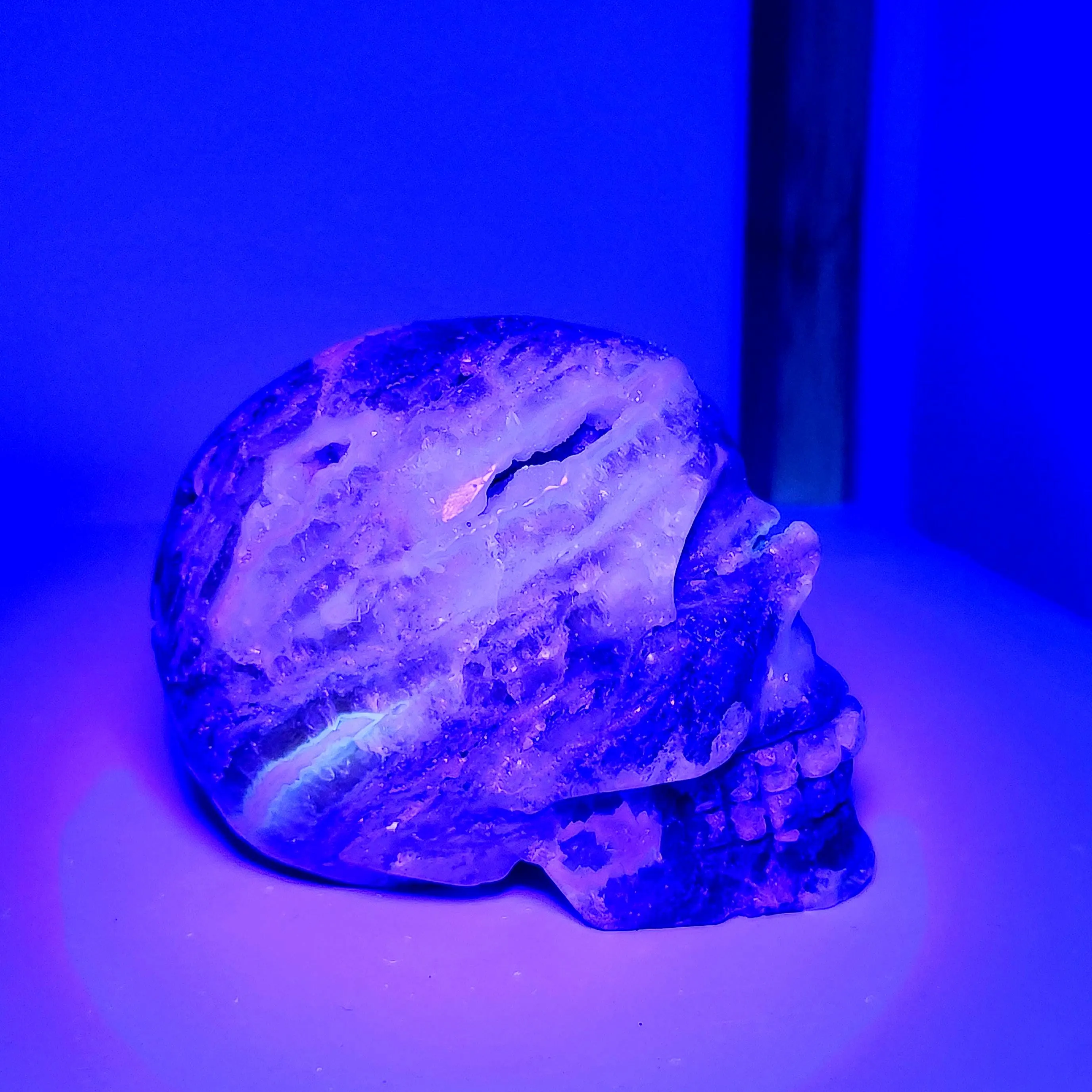 Fluorite with Moss Agate skull • UV reactive Moss Agate Fluorite skull • Moss agate skull, Fluorite skull head