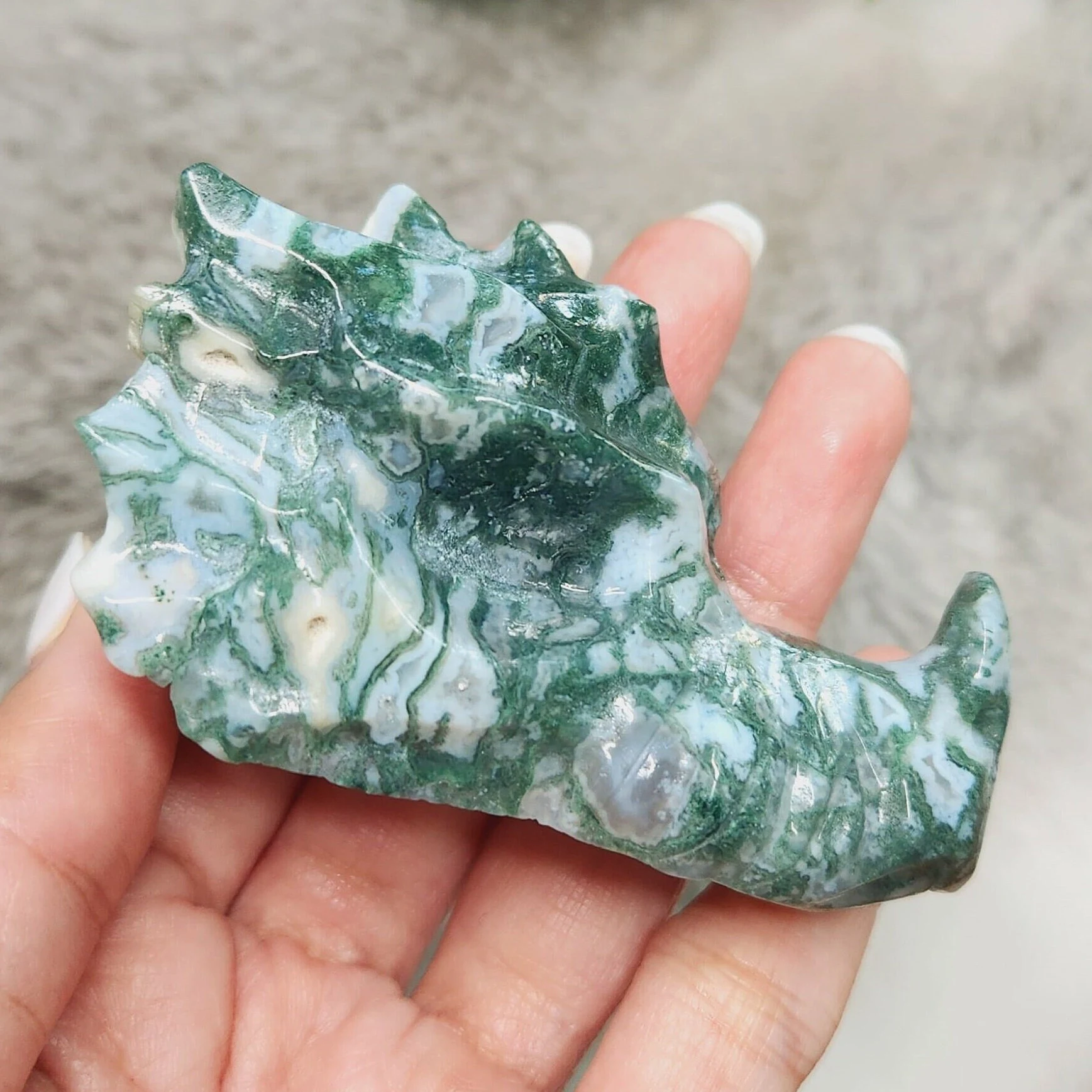 Moss Agate Dragon Head, 3" Moss Agate Dragon Skull Head, Blue Green Sea Moss Dragonhead  