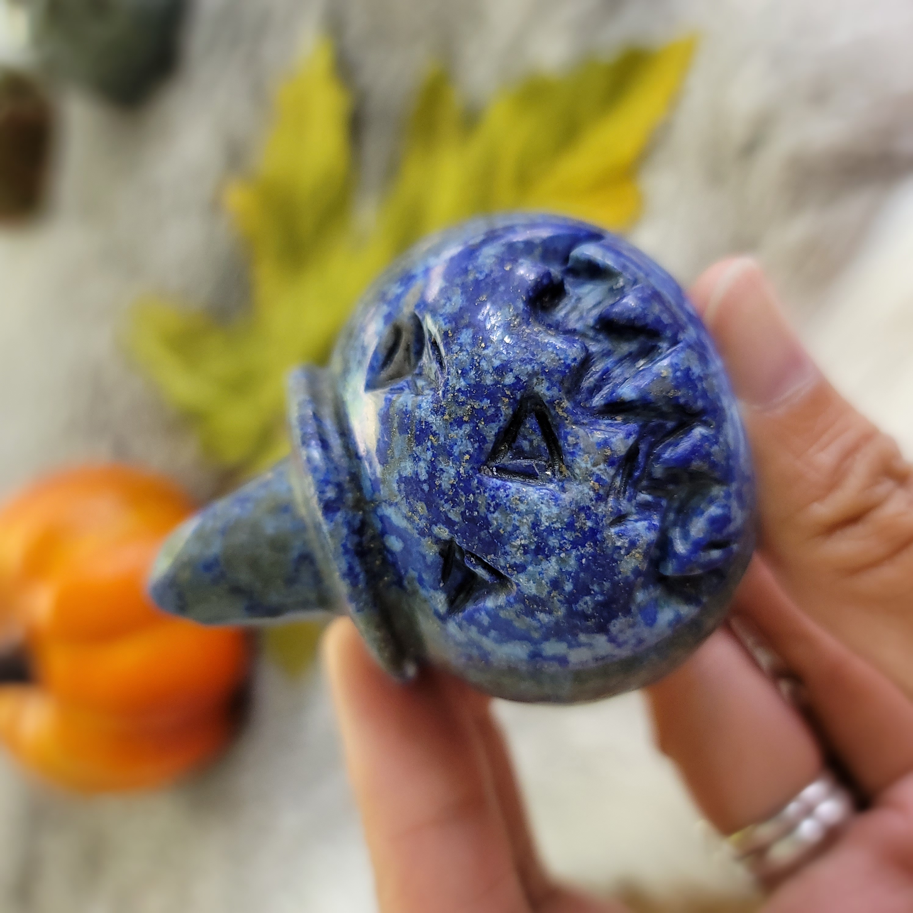 Pumpkin carving, Halloween pumpkin crystal • Jack O Lantern, Labradorite, Jasper, Lapis • Spooky pumpkin- stone pumpkin carving